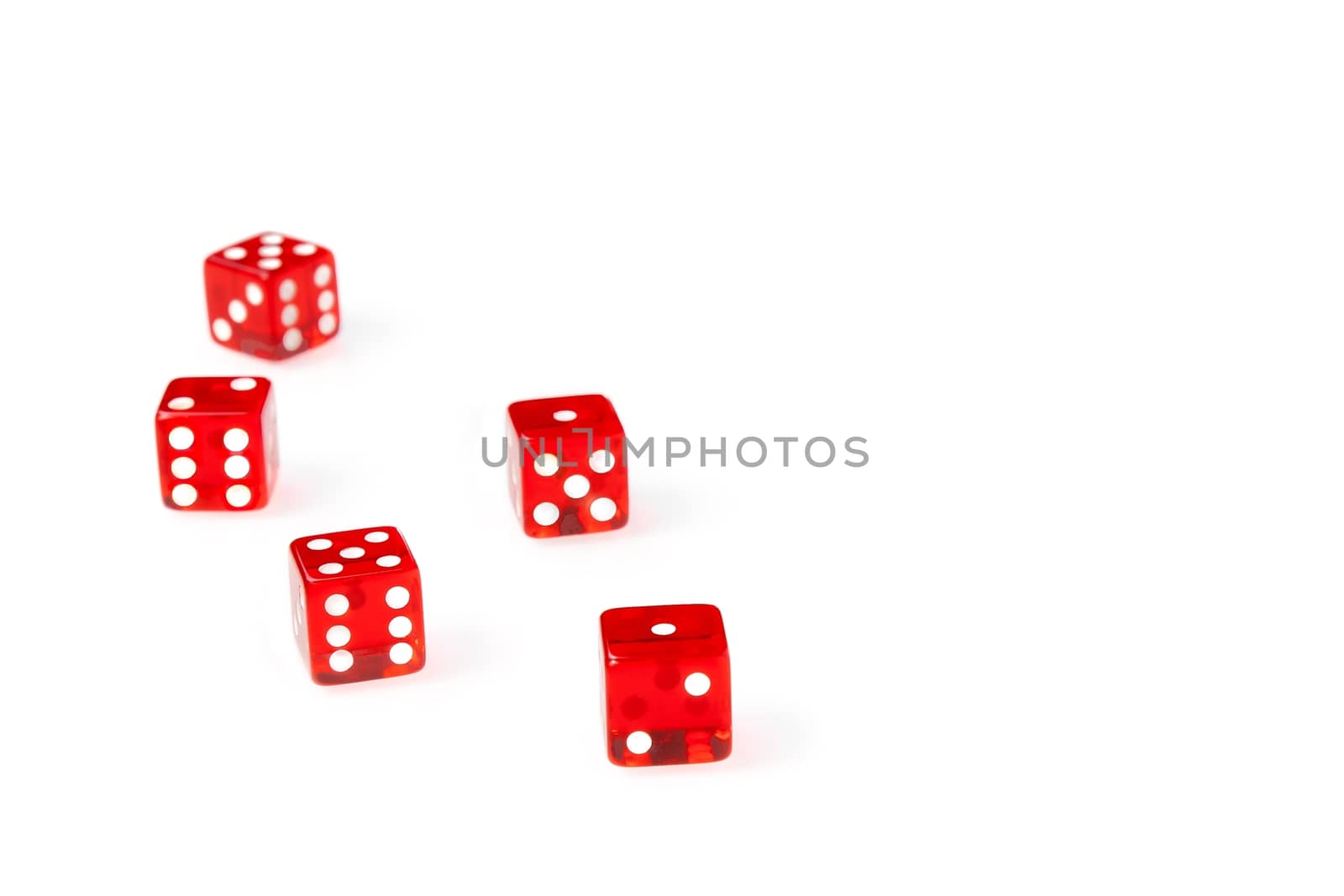 five Red dice on white background