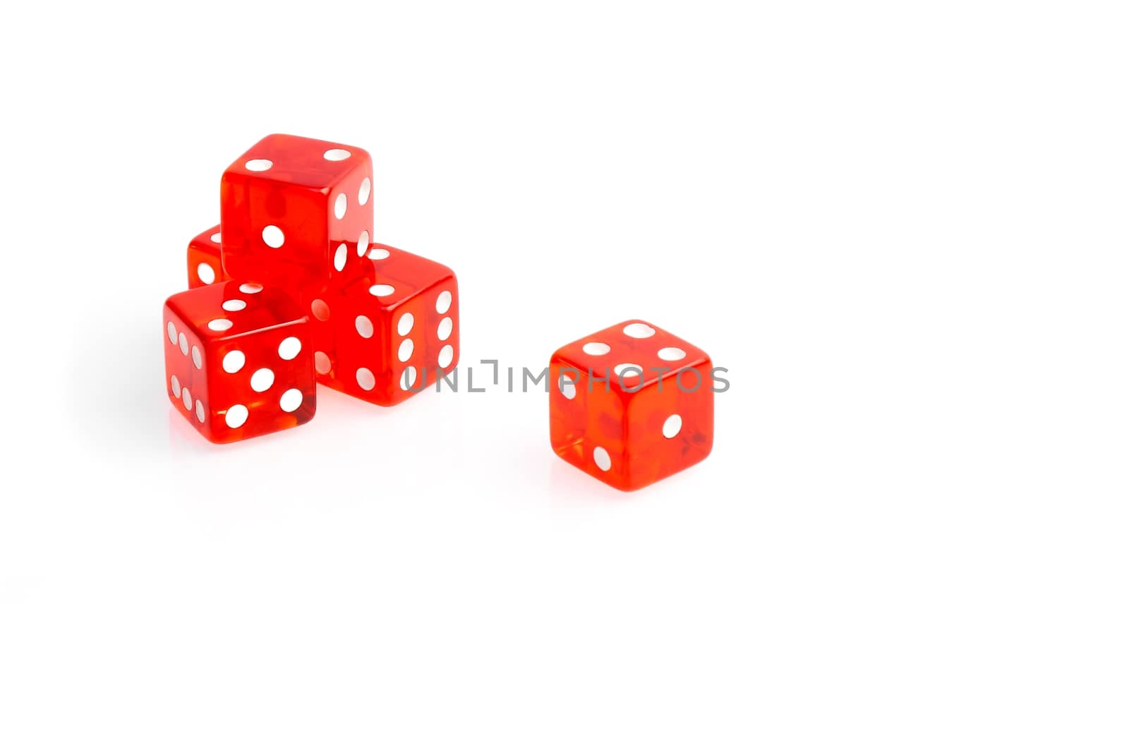 five transparent red dice on a white background