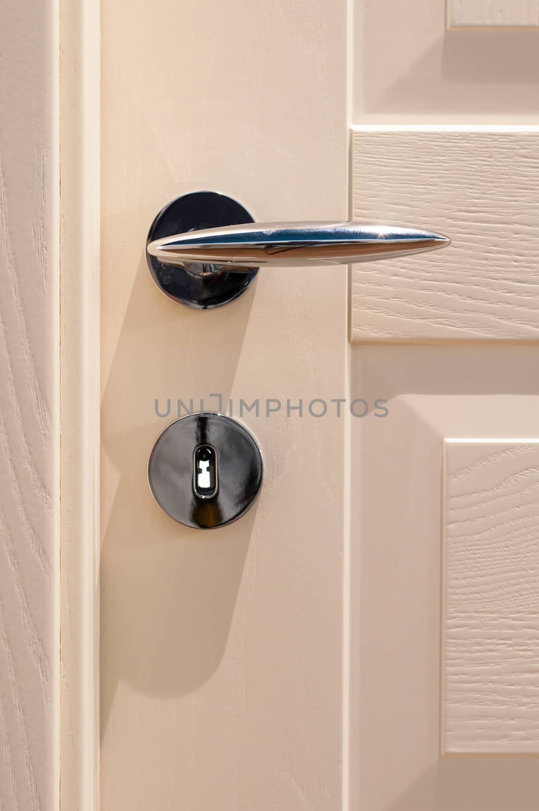 Modern, contemporary satin handle on a wooden door