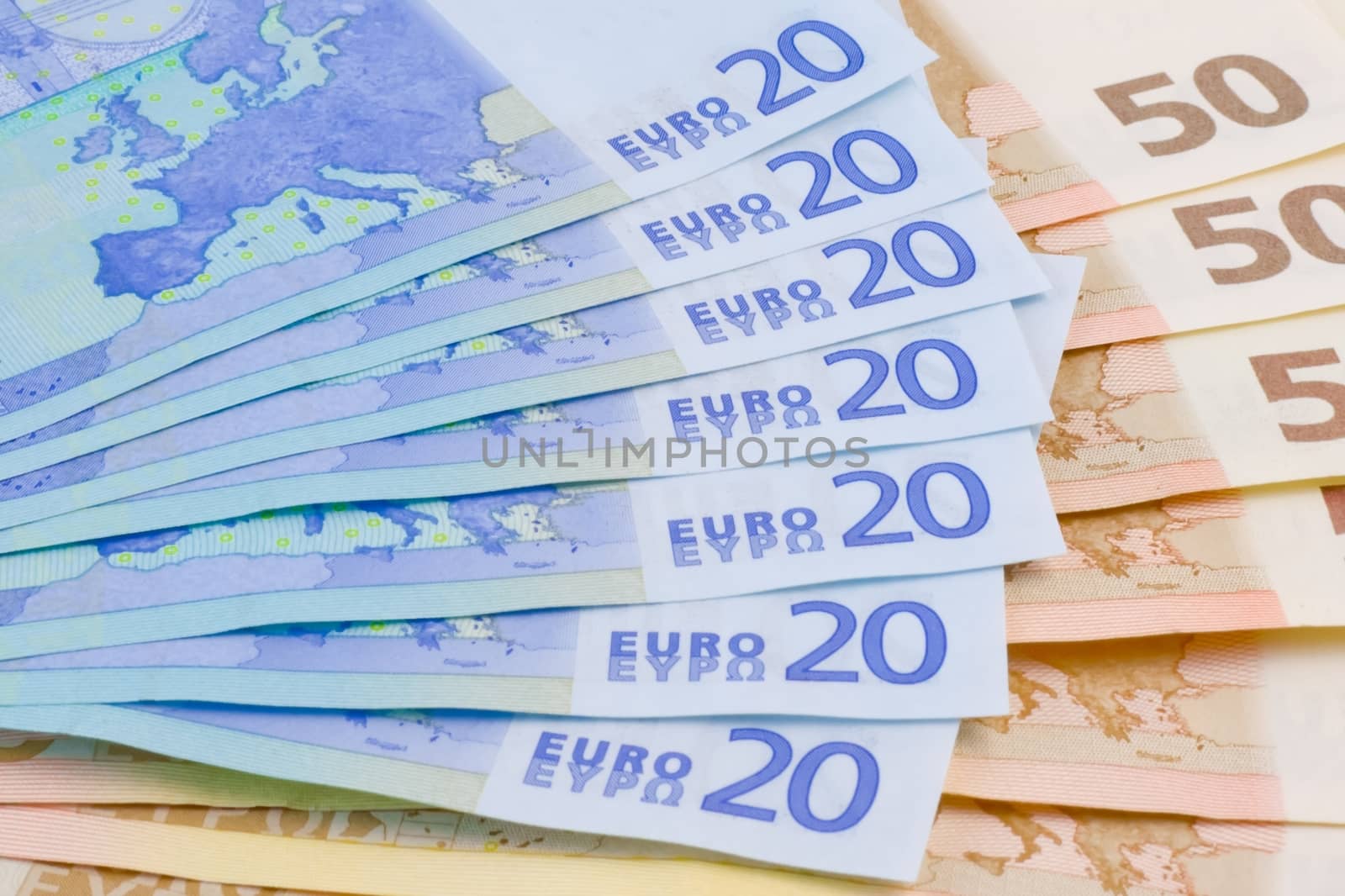 detail of  20-euro banknotes on 50-euro banknotes