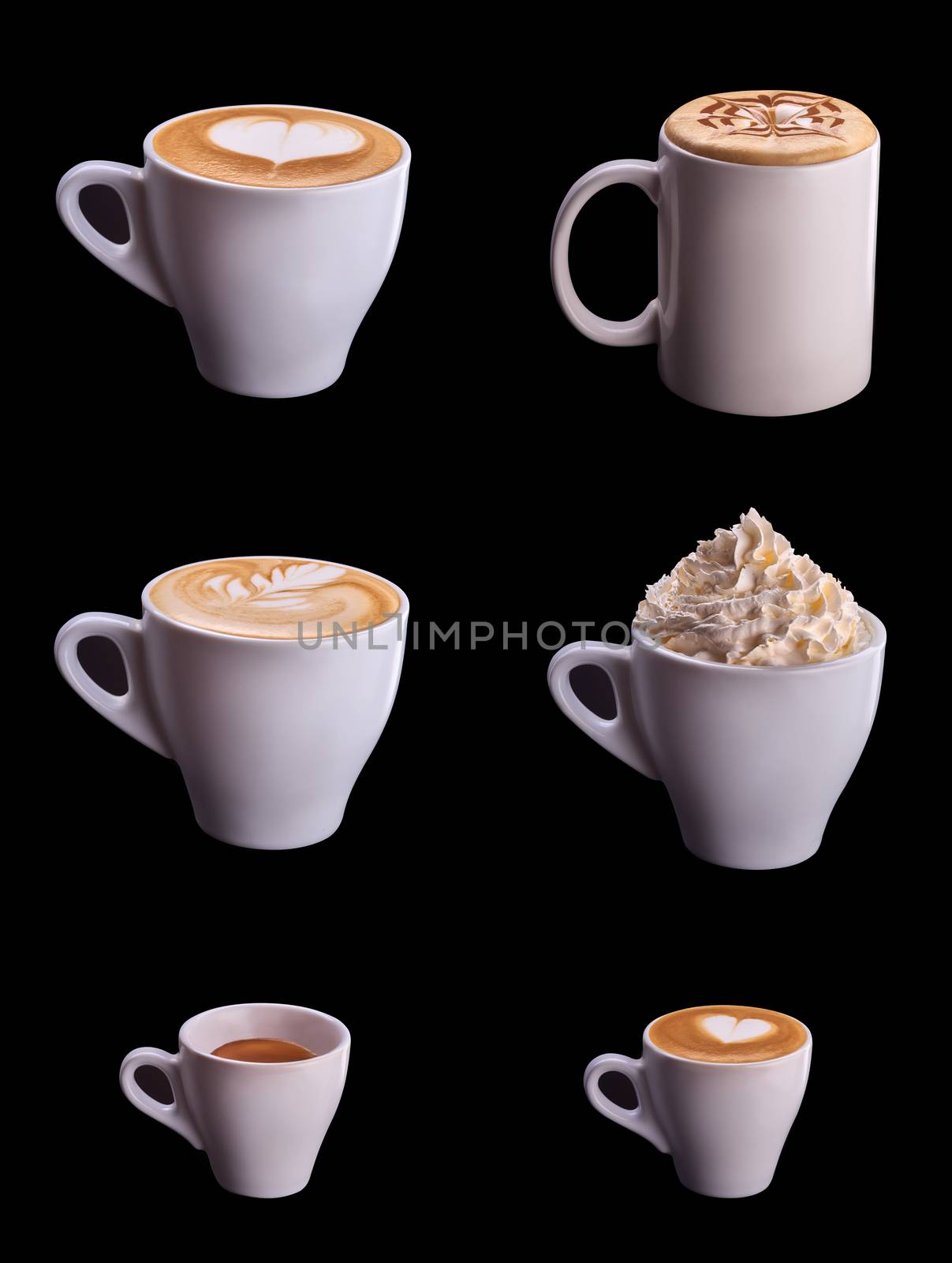 Six coffee cup collage set isolated on black background