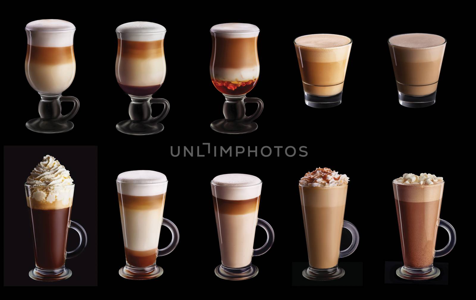 Ten coffee coctails collage set isolated on black background