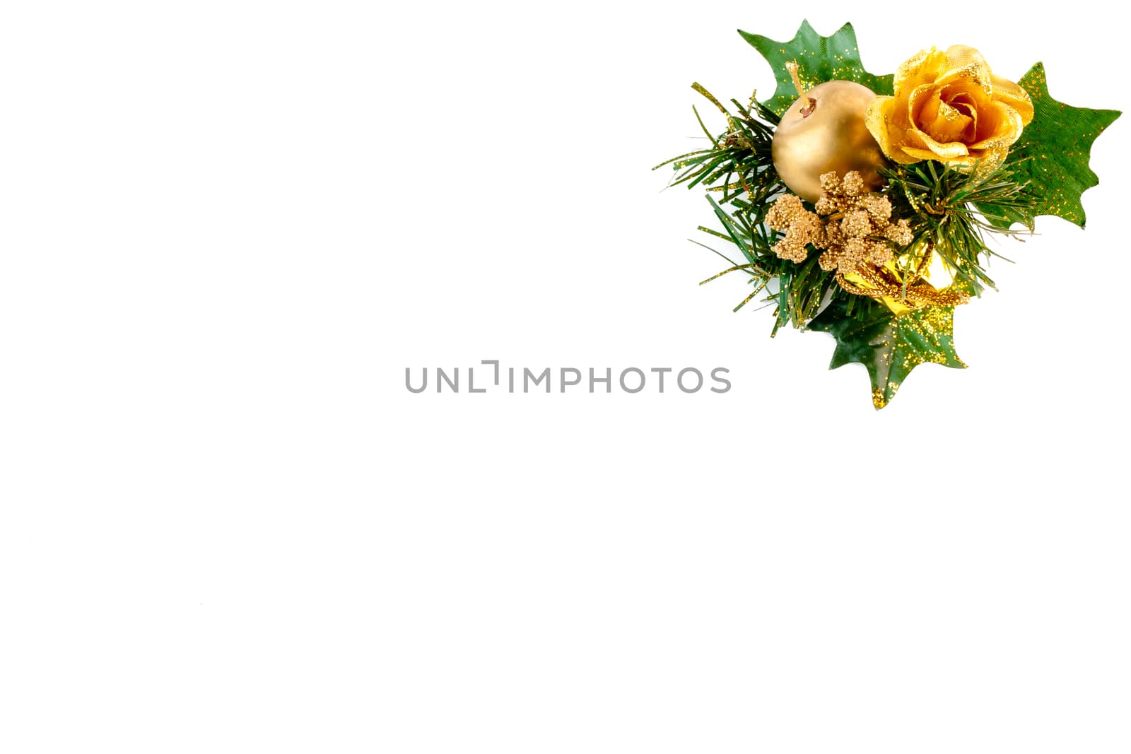 detail of gold mistletoe on white background