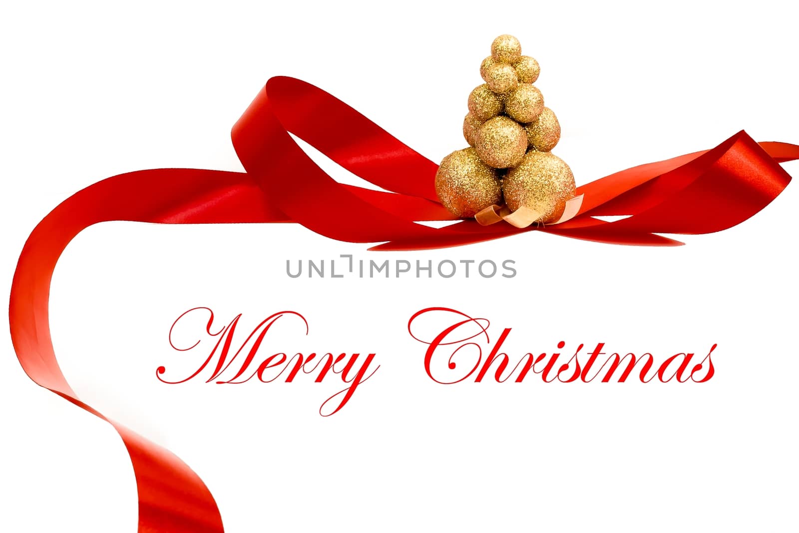 close up of a christmas gold tree with red decoration on white background