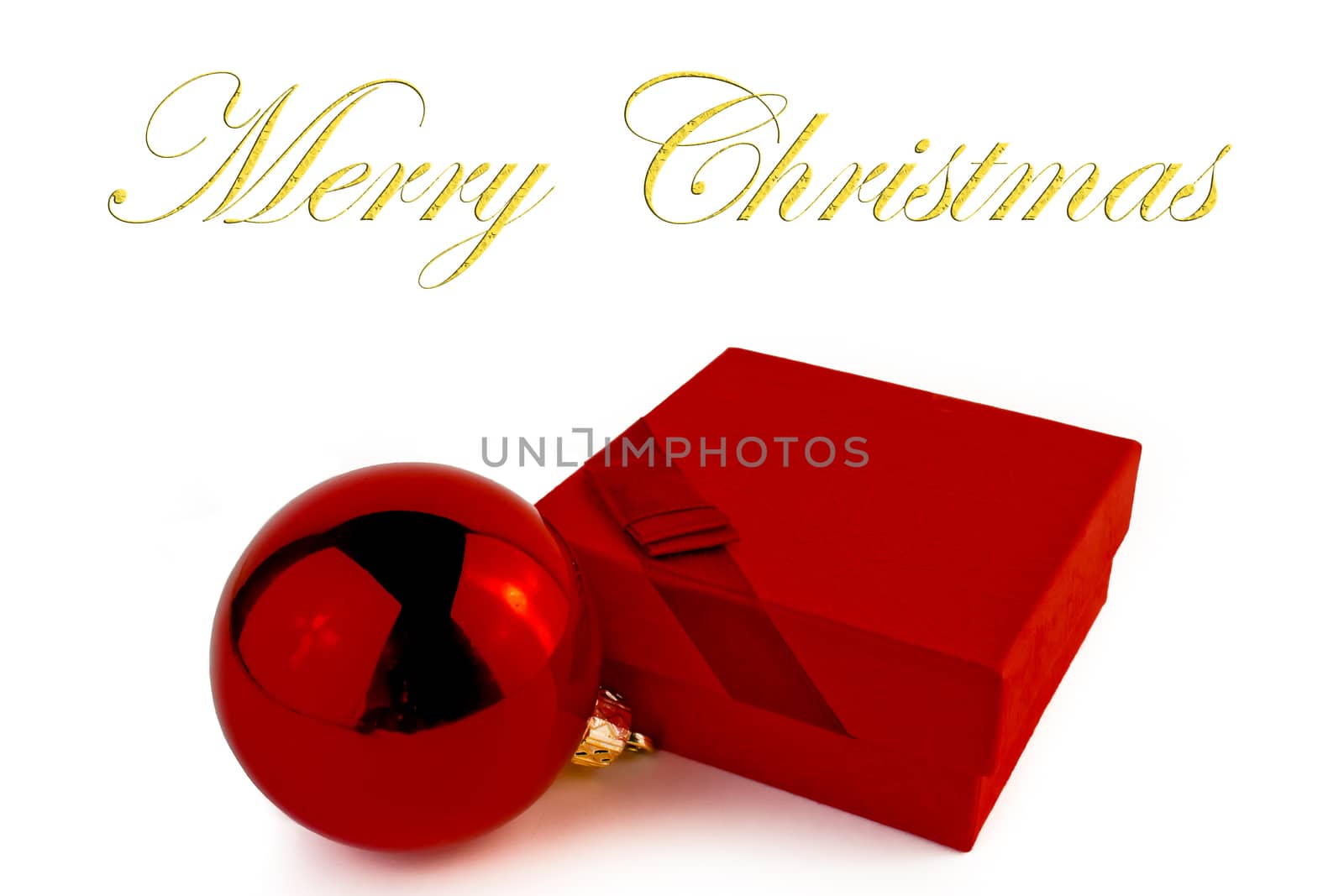 christmas gift box decorated with ball on white background with space for text