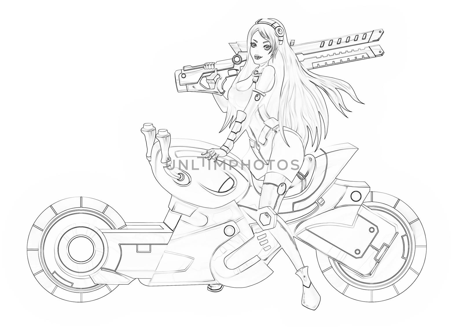 Illustration: Coloring Book Series: The Beautiful Bounty Hunter and Her Motorcycle. Soft thin line. Print it and bring it to Life with Color! Fantastic Outline / Sketch / Line Art Design.