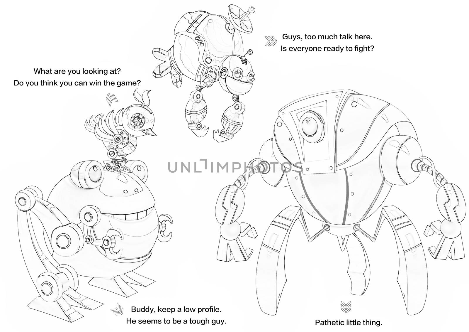 Illustration: Coloring Book Series: Robot Competition, the Fight Begins. Soft thin line. Print it and bring it to Life with Color! Fantastic Outline / Sketch / Line Art Design.