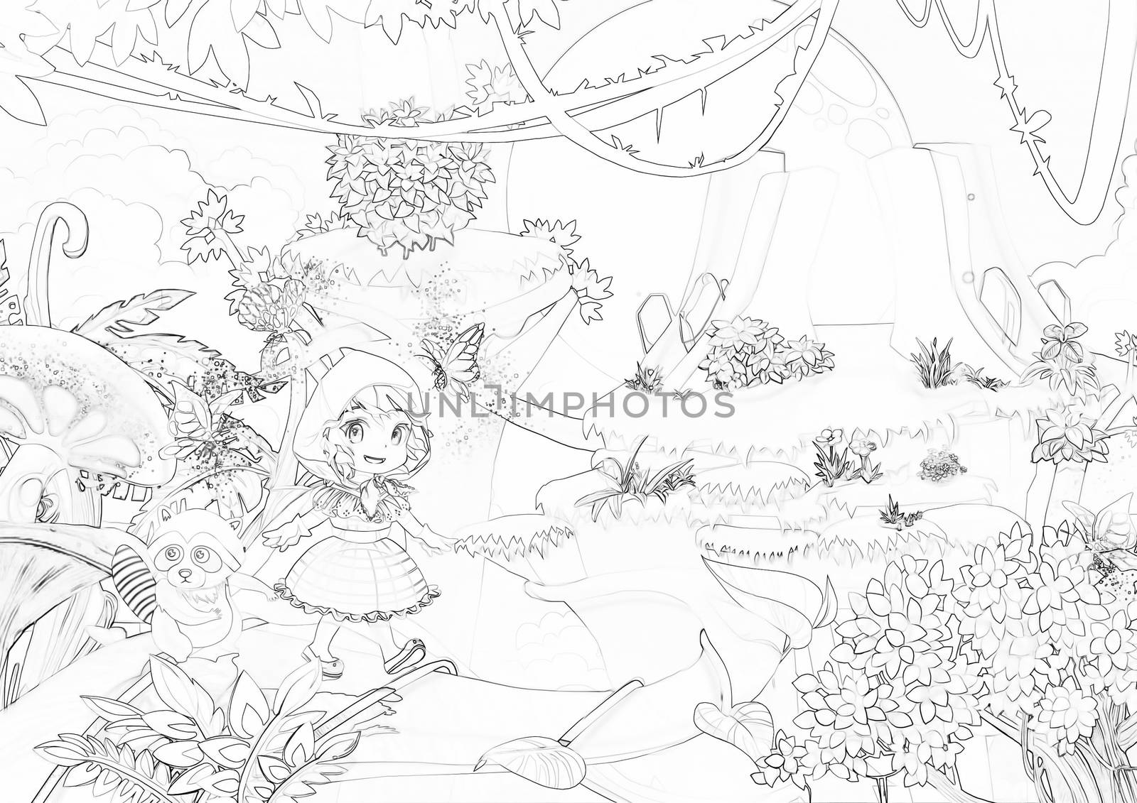 Illustration: Coloring Book Series: Walking Through the Mountains. Soft thin line. Print it and bring it to Life with Color! Fantastic Outline / Sketch / Line Art Design.
