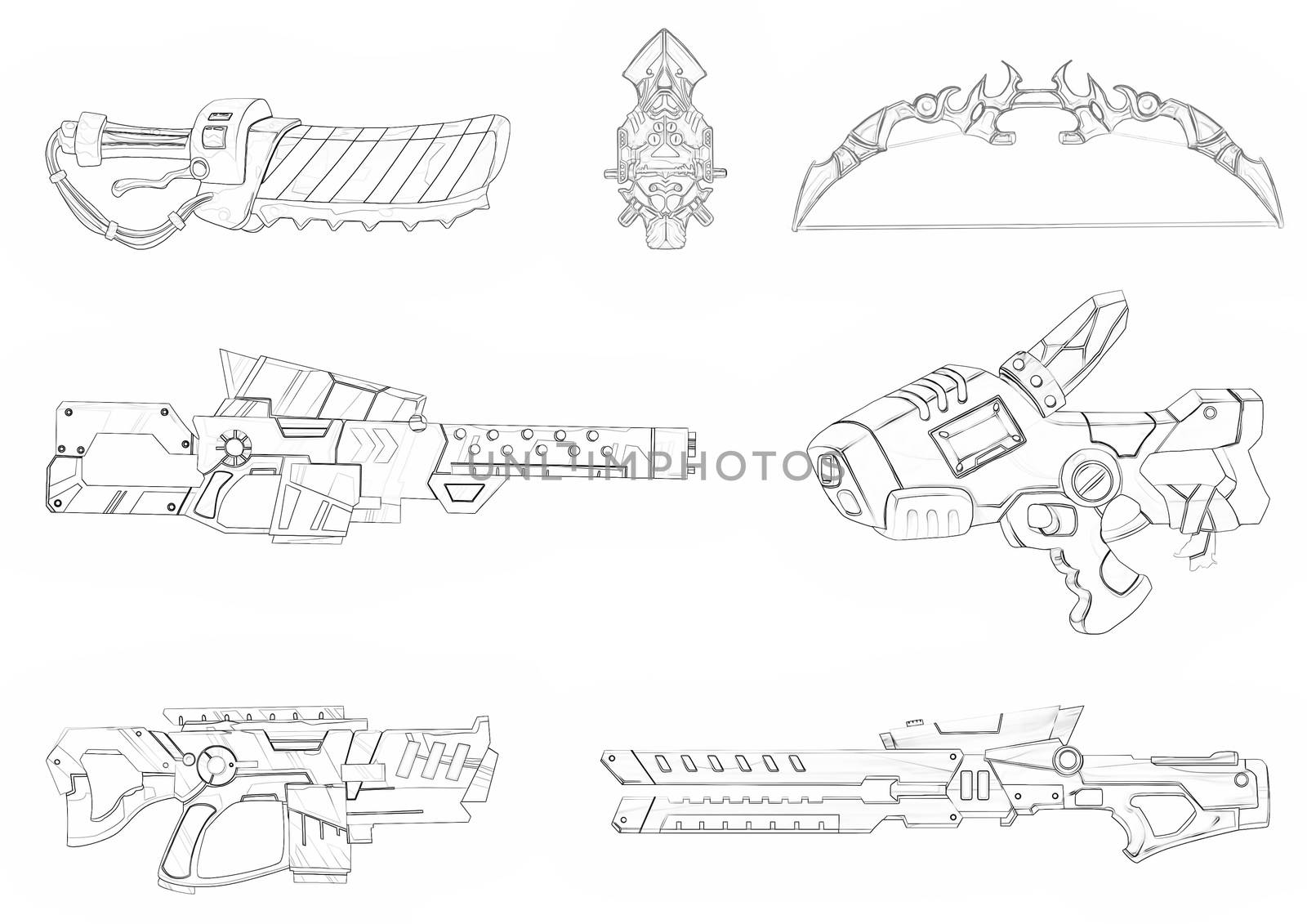 Illustration: Coloring Book Series: Boy's Favorite: Futuristic Weapon Arsenal. Soft thin line. Print it and bring it to Life with Color! Fantastic Outline / Sketch / Line Art Design.