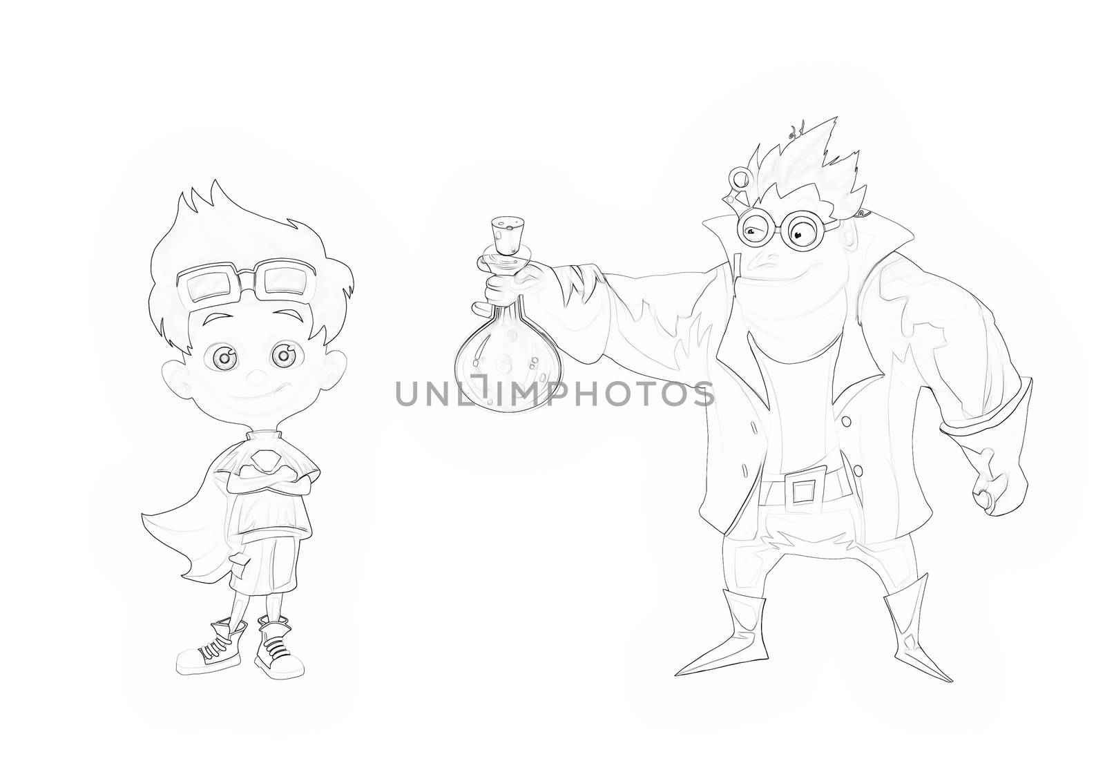 Illustration: Coloring Book Series: Crazy Doctor Father and Super Son. Soft thin line. Print it and bring it to Life with Color! Fantastic Outline / Sketch / Line Art Design.