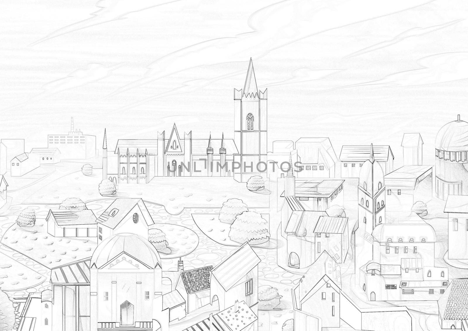 Illustration: Coloring Book Series: Sunset Town. It is made in soft thin line. Print it on A4 paper and you can bring it to Life with Color! Outline / Sketch / Line Art Design in a Fantastic Style.