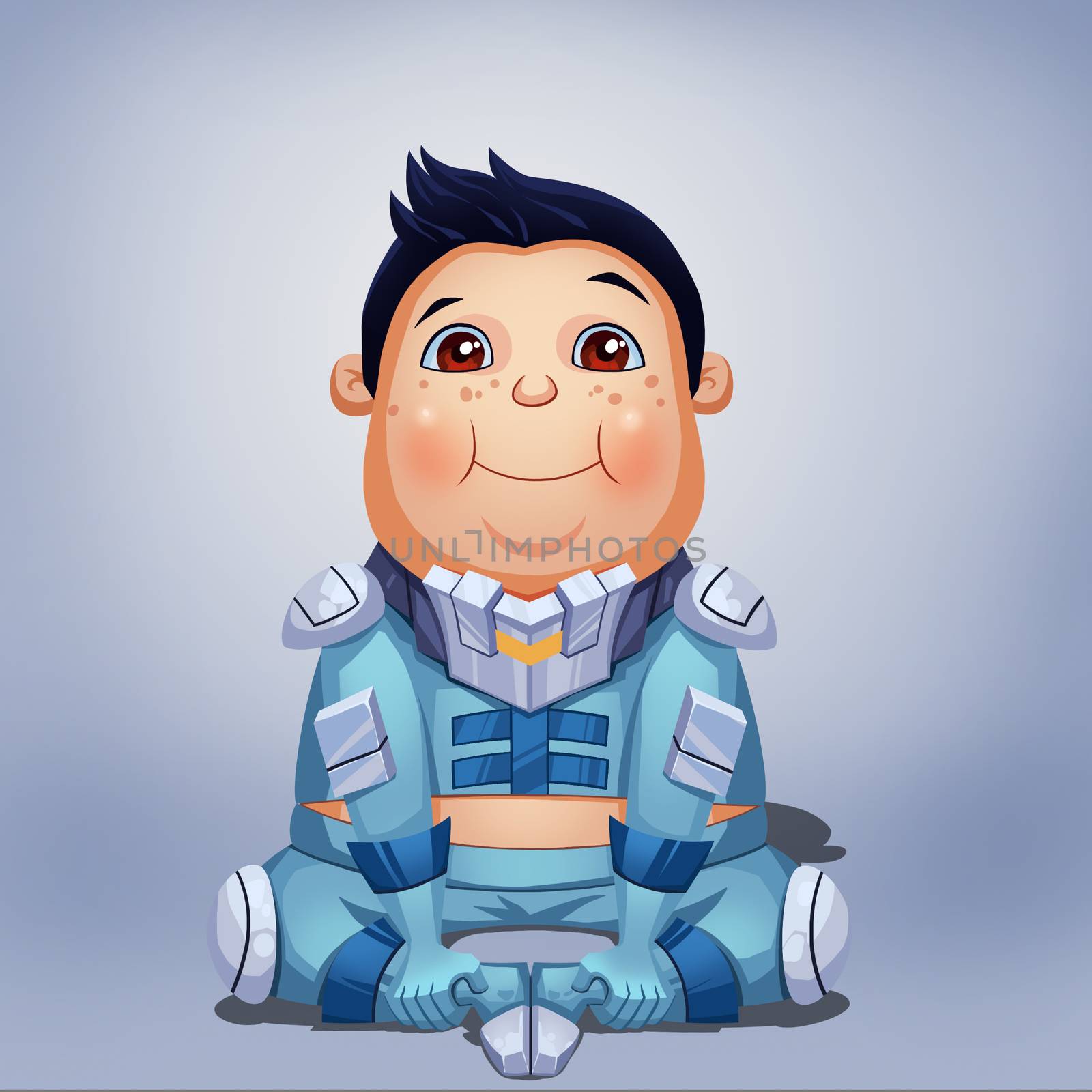 Illustration: This Fat Boy sitting on the ground, nickname "The King", member of Tramp Boy Scouts, a Space Pirates Team. Character Design. Cartoon / Sci-Fi Style
