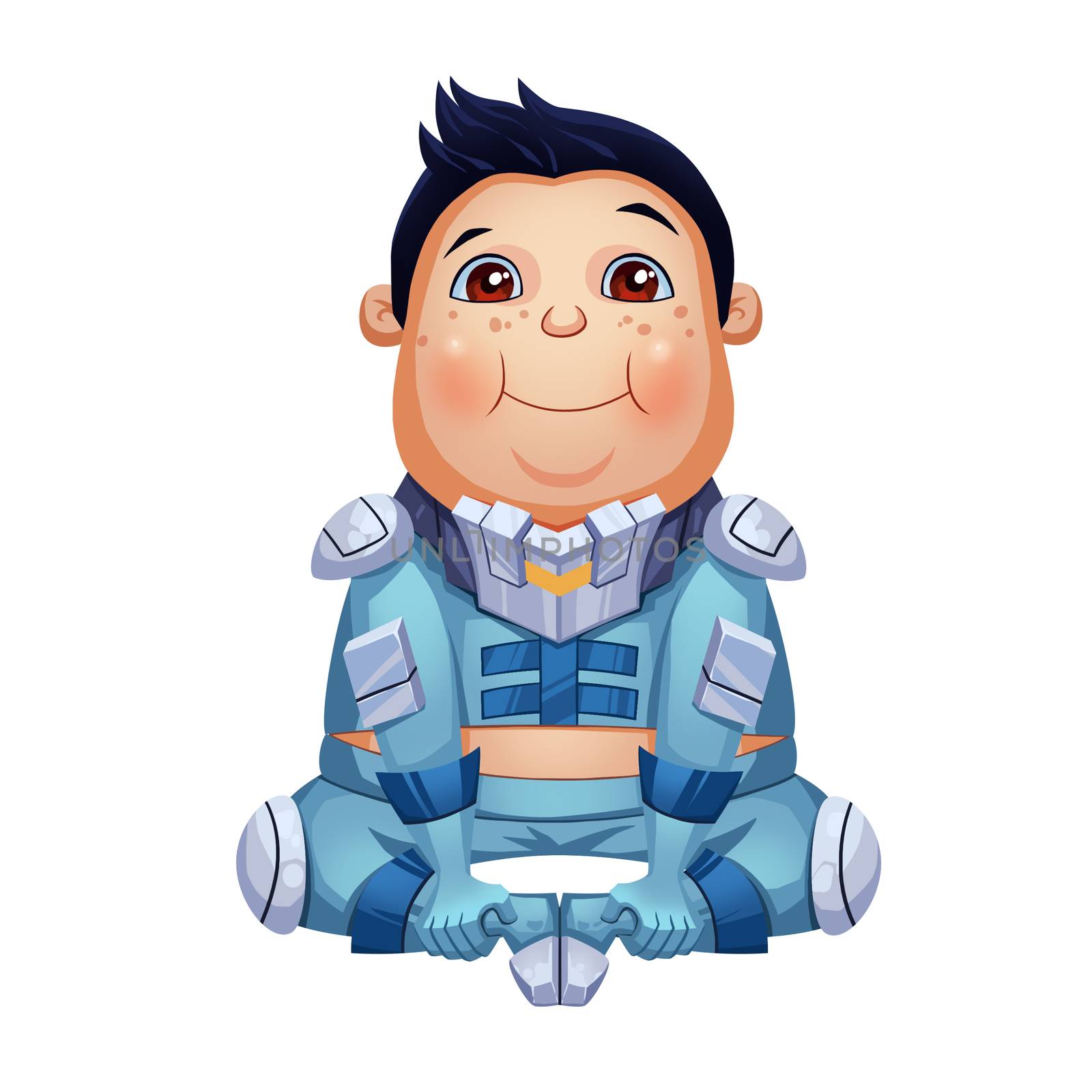 Illustration: This Fat Boy sitting on the ground, nickname "The King", member of Tramp Boy Scouts, a Space Pirates Team. Character Design. Cartoon / Sci-Fi Style
