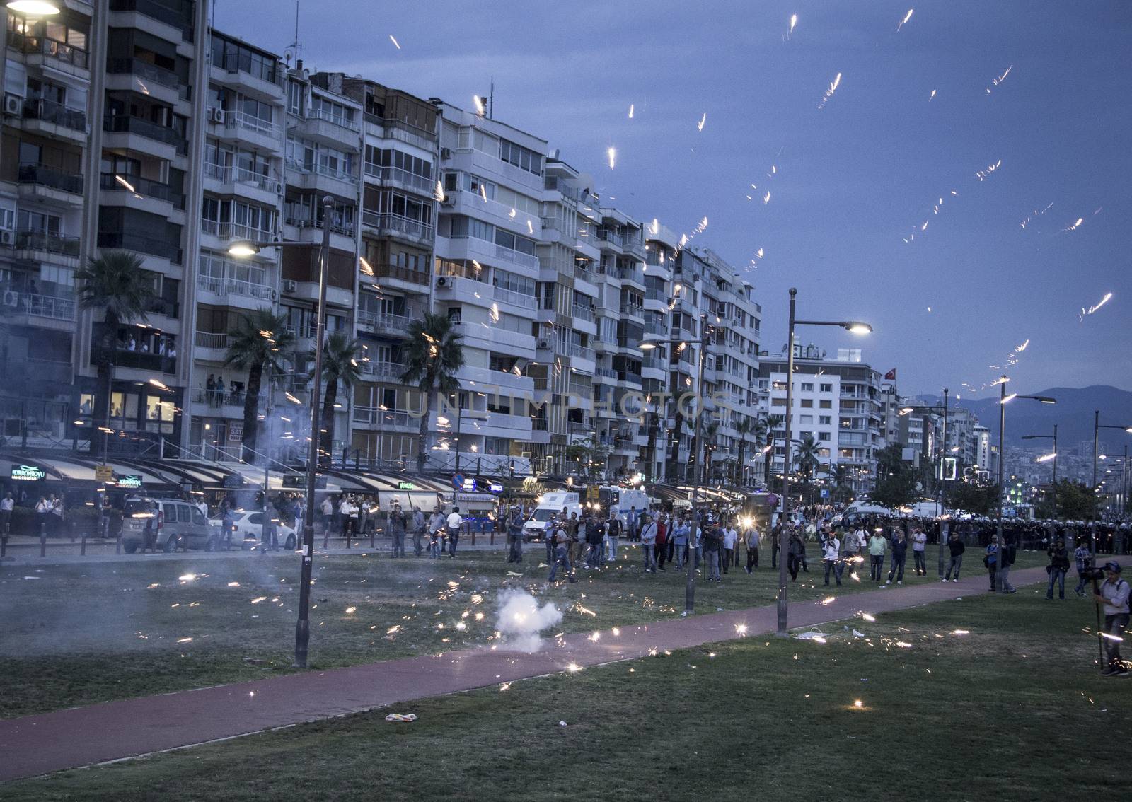 TURKEY, Izmir: Police disburse demonstrators gathered in Izmir, Turkey on October 10, 2015 after a suicide bombing in Ankara earlier in the day.Two bombs went off near the main train station in the city. According to officials the bombs went off at a peace rally killing 97 and injuring 400 more.