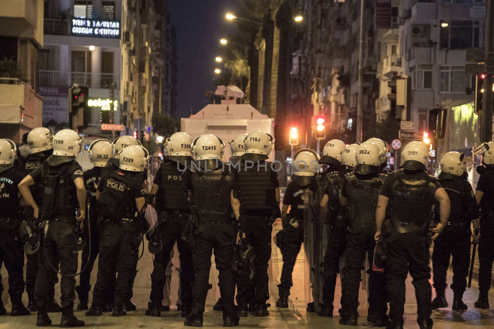 TURKEY, Izmir: Police disburse demonstrators gathered in Izmir, Turkey on October 10, 2015 after a suicide bombing in Ankara earlier in the day.Two bombs went off near the main train station in the city. According to officials the bombs went off at a peace rally killing 97 and injuring 400 more.