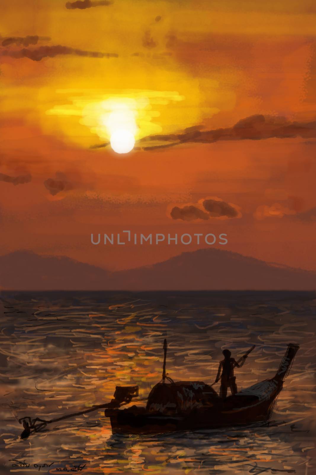 Fisherman on boat in the sea at morning sunrise