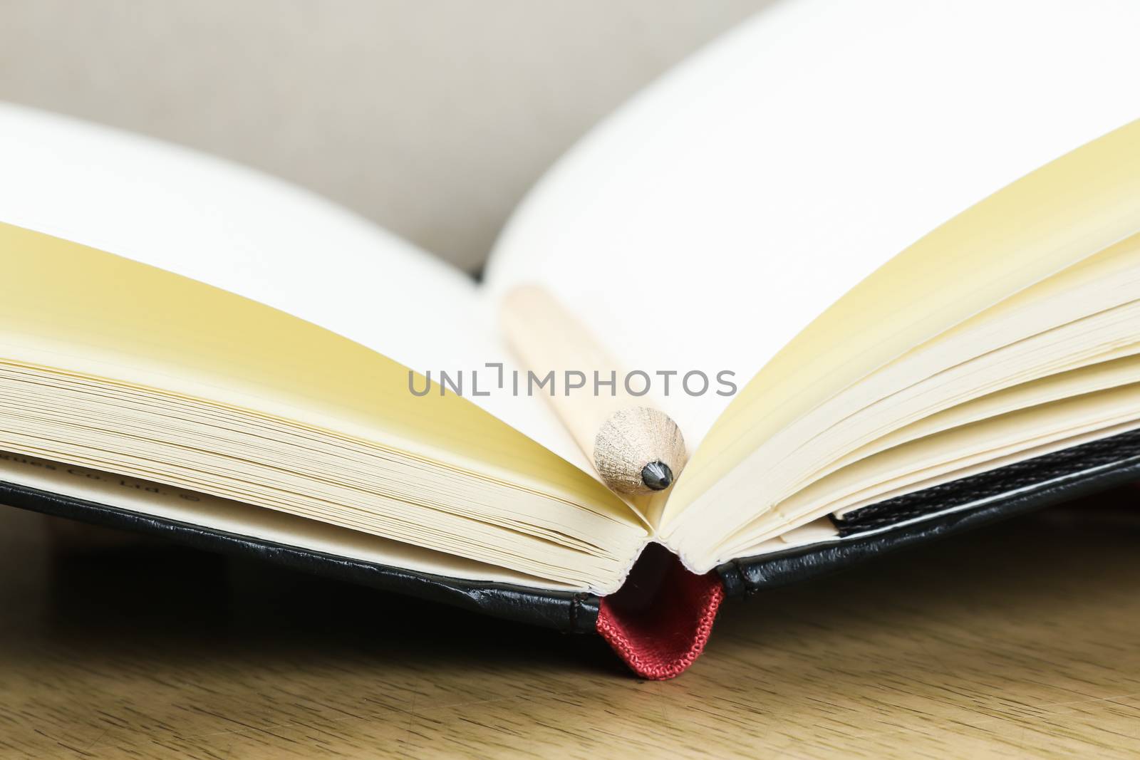 empty pages of opened notebook with pencil on wooden table, business, education