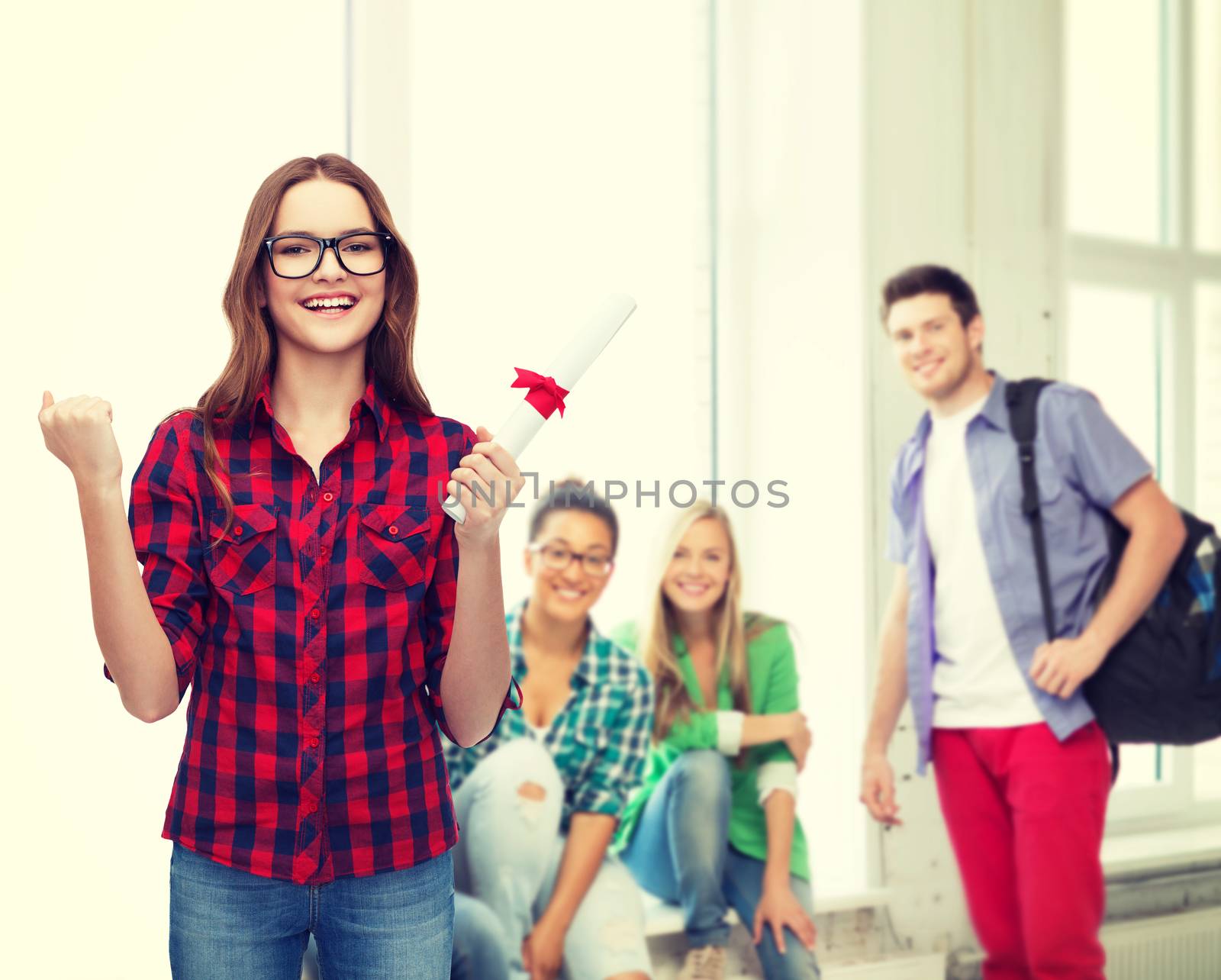 education concept - smiling female student in eyeglasses with diploma