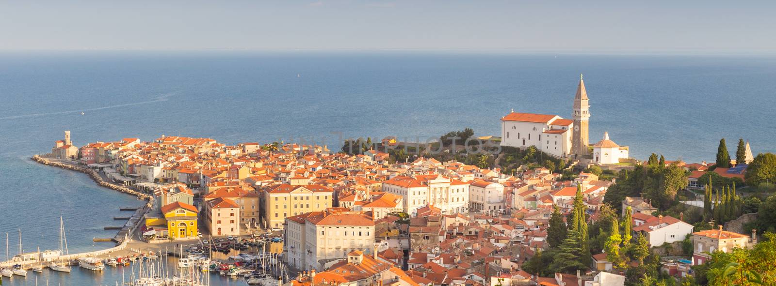St. George's Parish Church in picturesque old town Piran, Slovenia. Senic panoramic view.