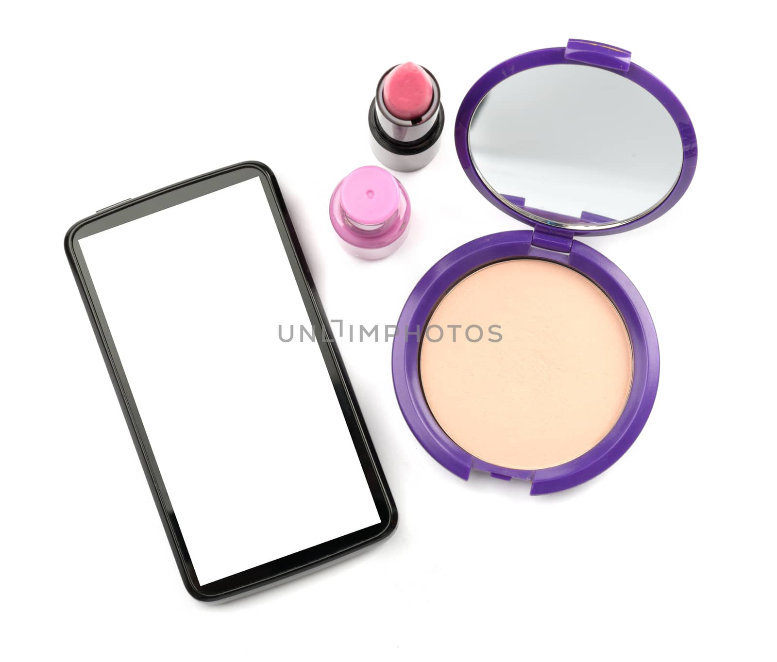Smartphone with cosmetics on isolated white background