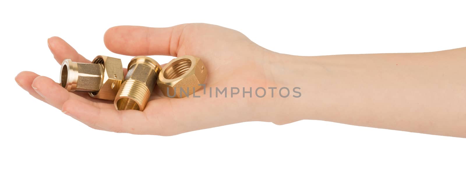 Humans hand holding pipe fittings on isolated white background