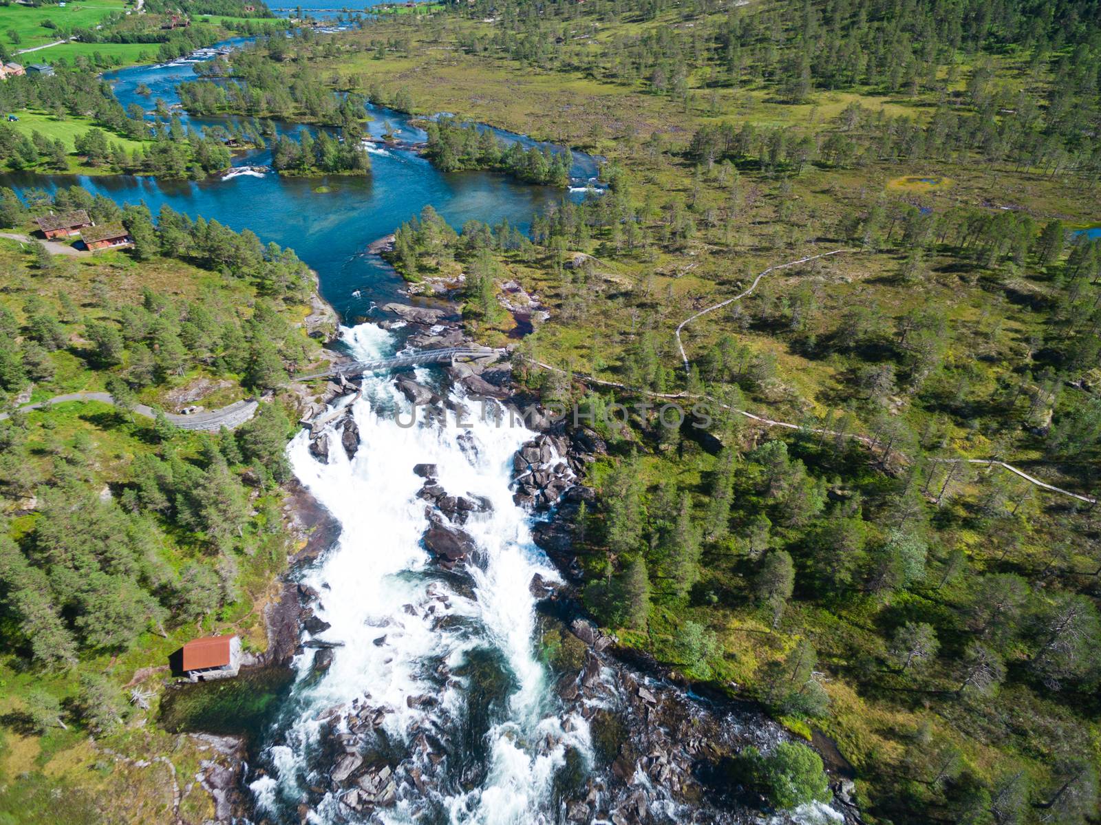 Aerial view of Likholefossen waterfalls, popular tourist attraction in Norway