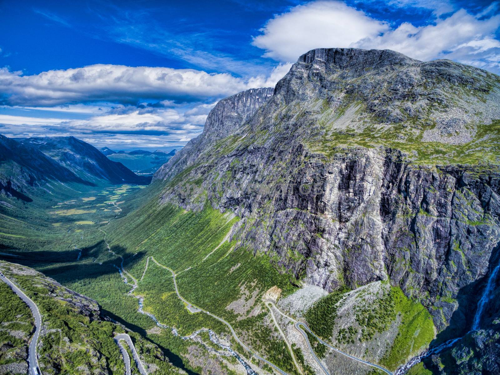 Picturesque valley around Trollstigen, famous serpentine mountain road in Norway