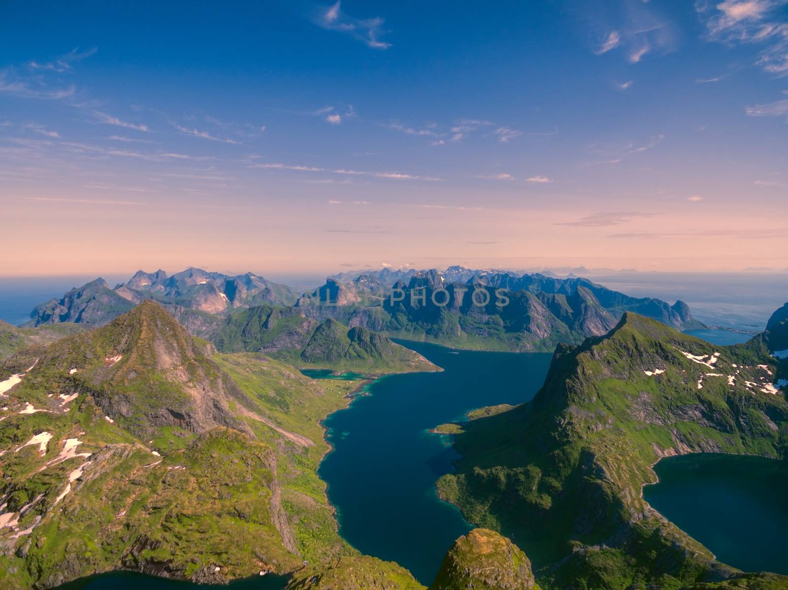 Picturesque panorama with fjords and sharp peaks of Lofoten islands in Norway
