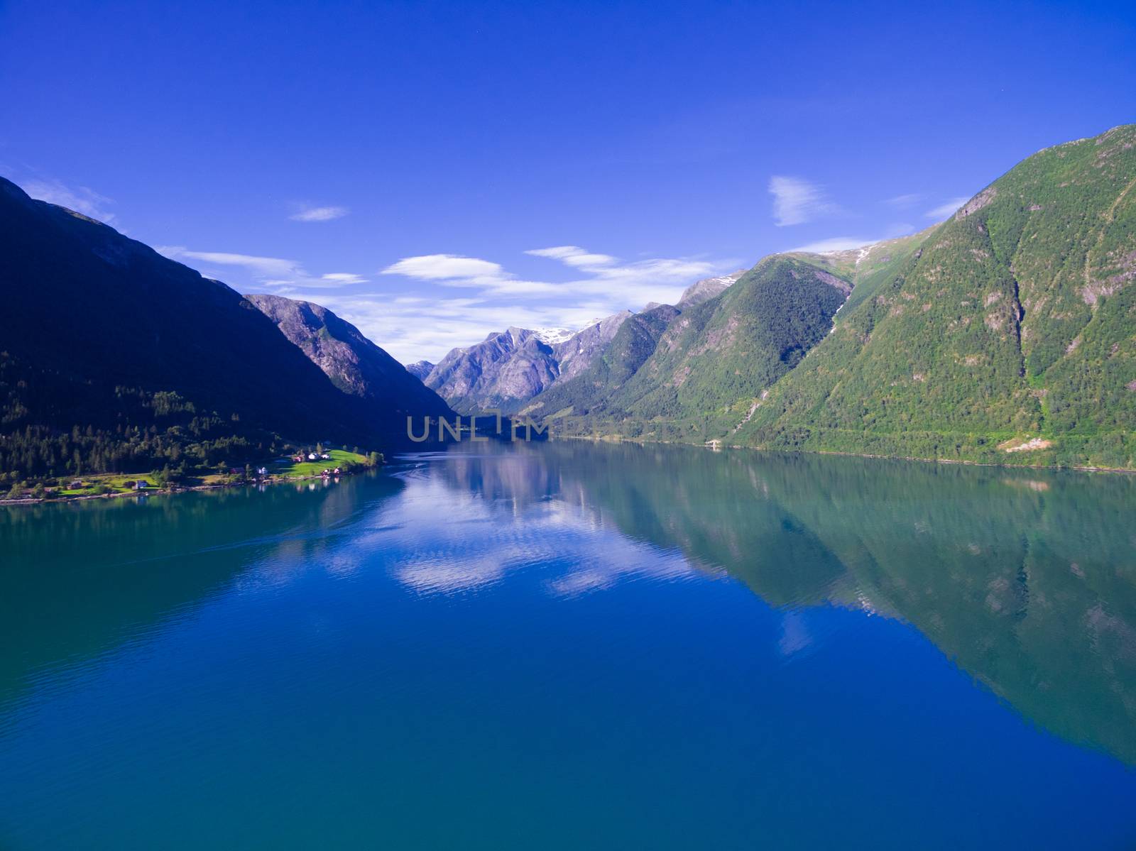 Scenic view of typical norwegian landscape - fjord Sognefjorden surrounded by mountains