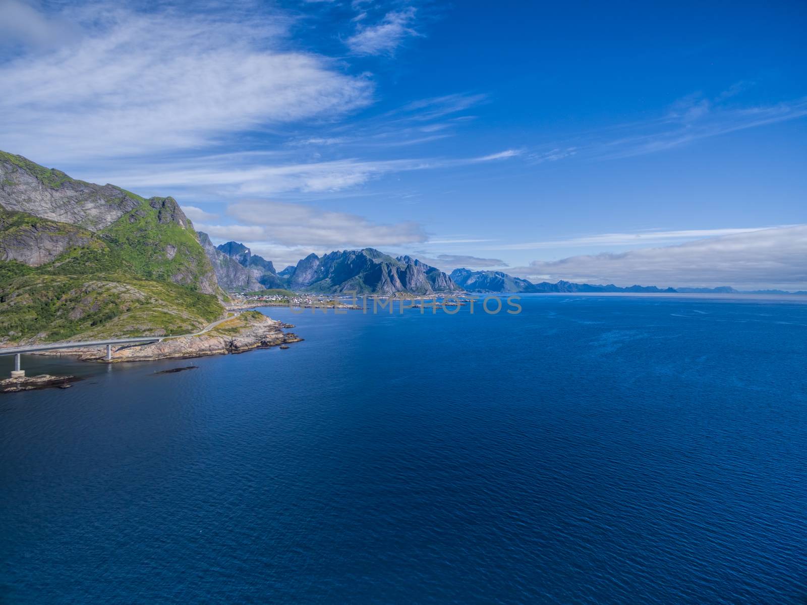 Scenic aerial view of coastline on Lofoten islands in Norway