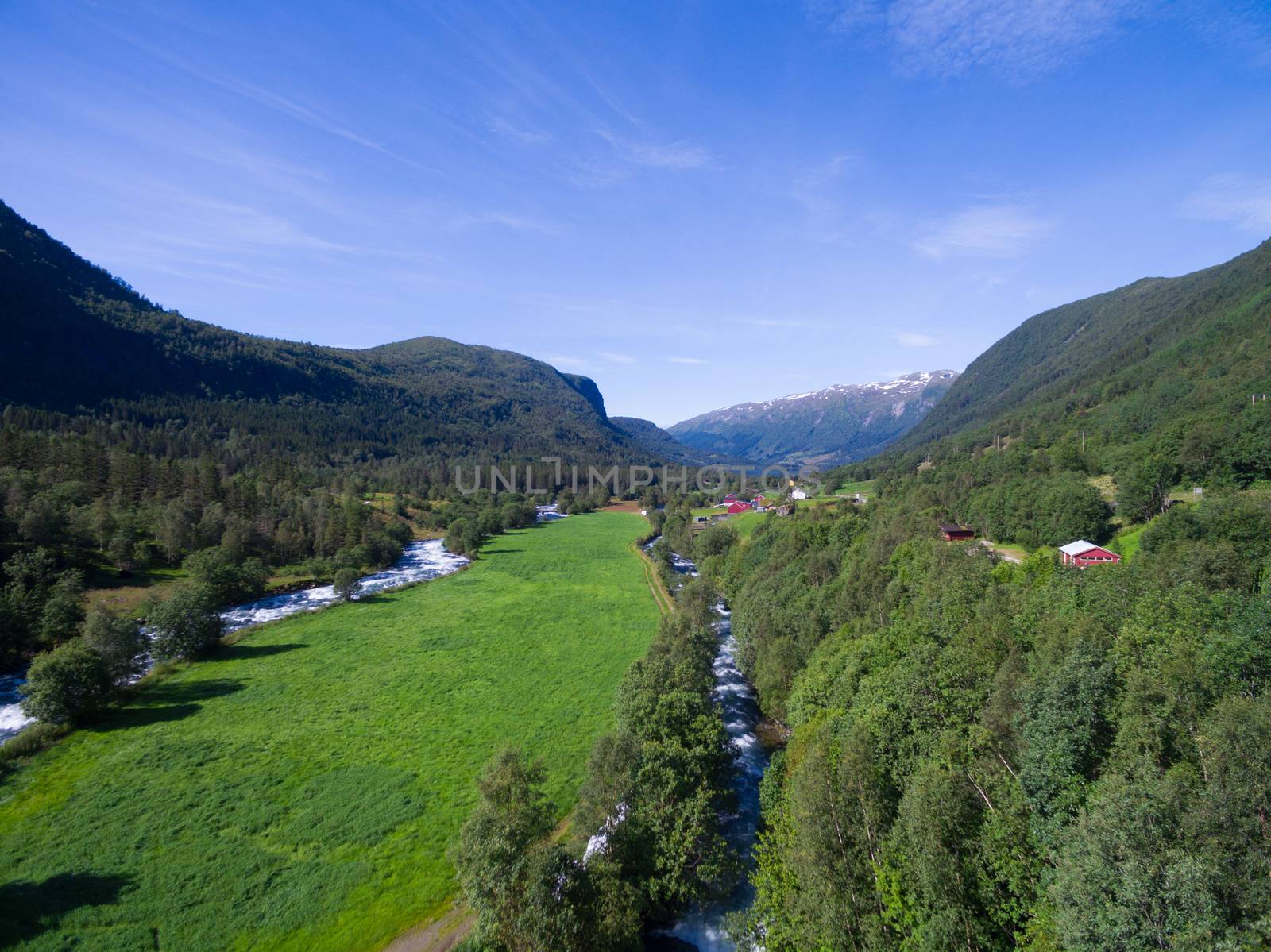 Scenic aerial view of green valley with streams in Norway