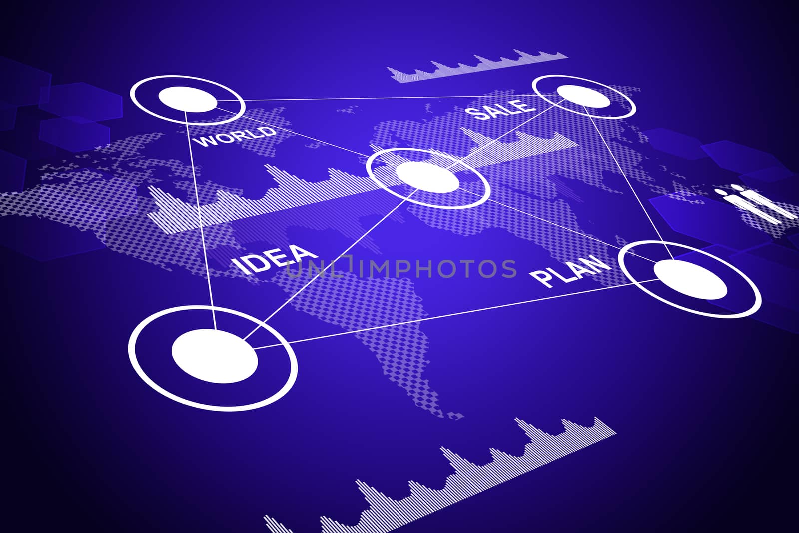Abstract blue background with world map and graphs