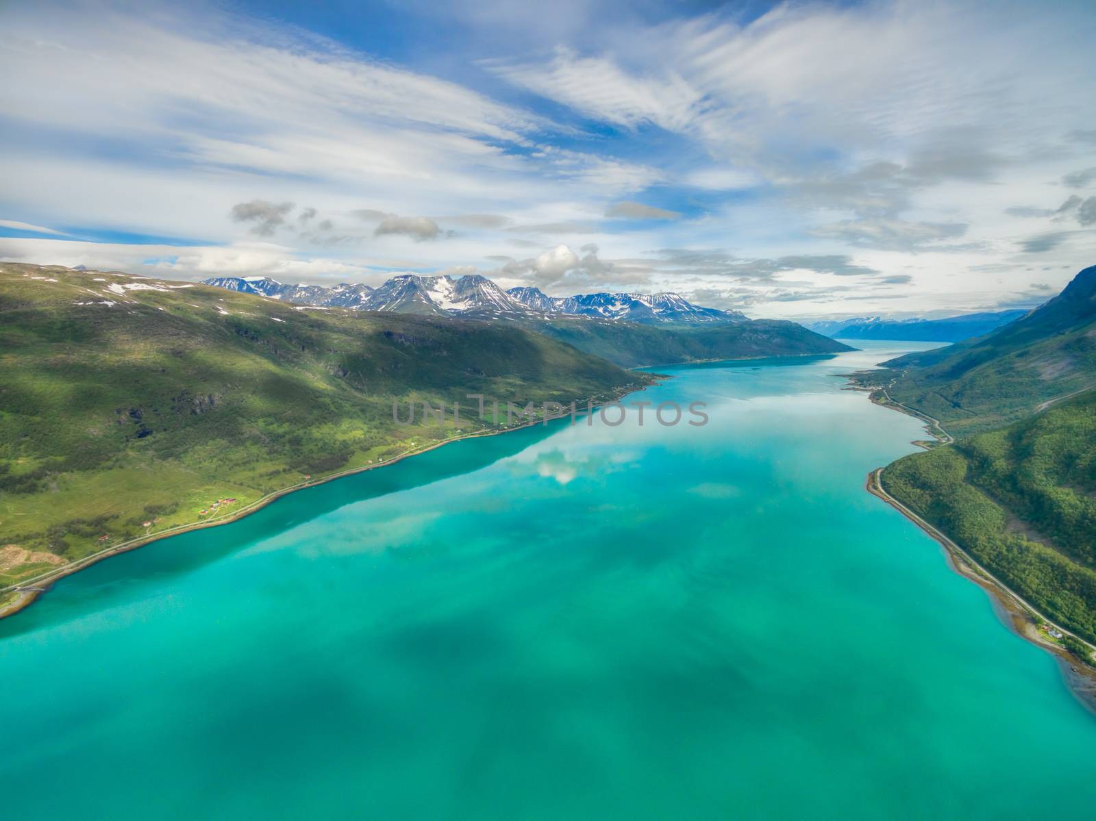 Aerial view of turquoise waters of beautiful norwegian fjord in Nordland