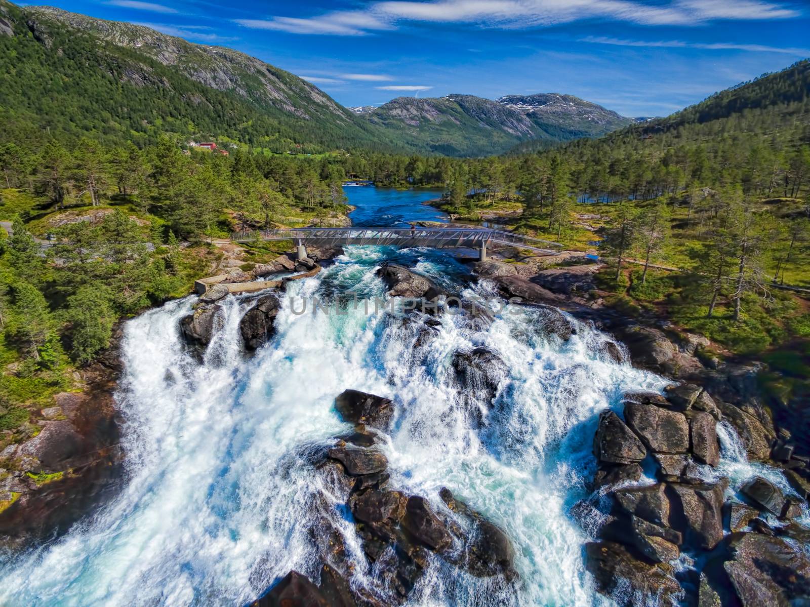 Popular norwegian waterfalls Likholefossen seen from air