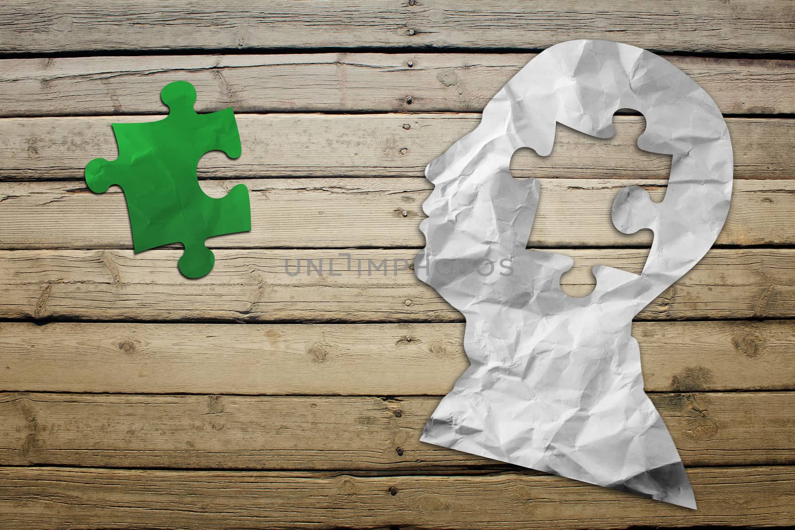Paper humans head with green puzzle symbol by cherezoff