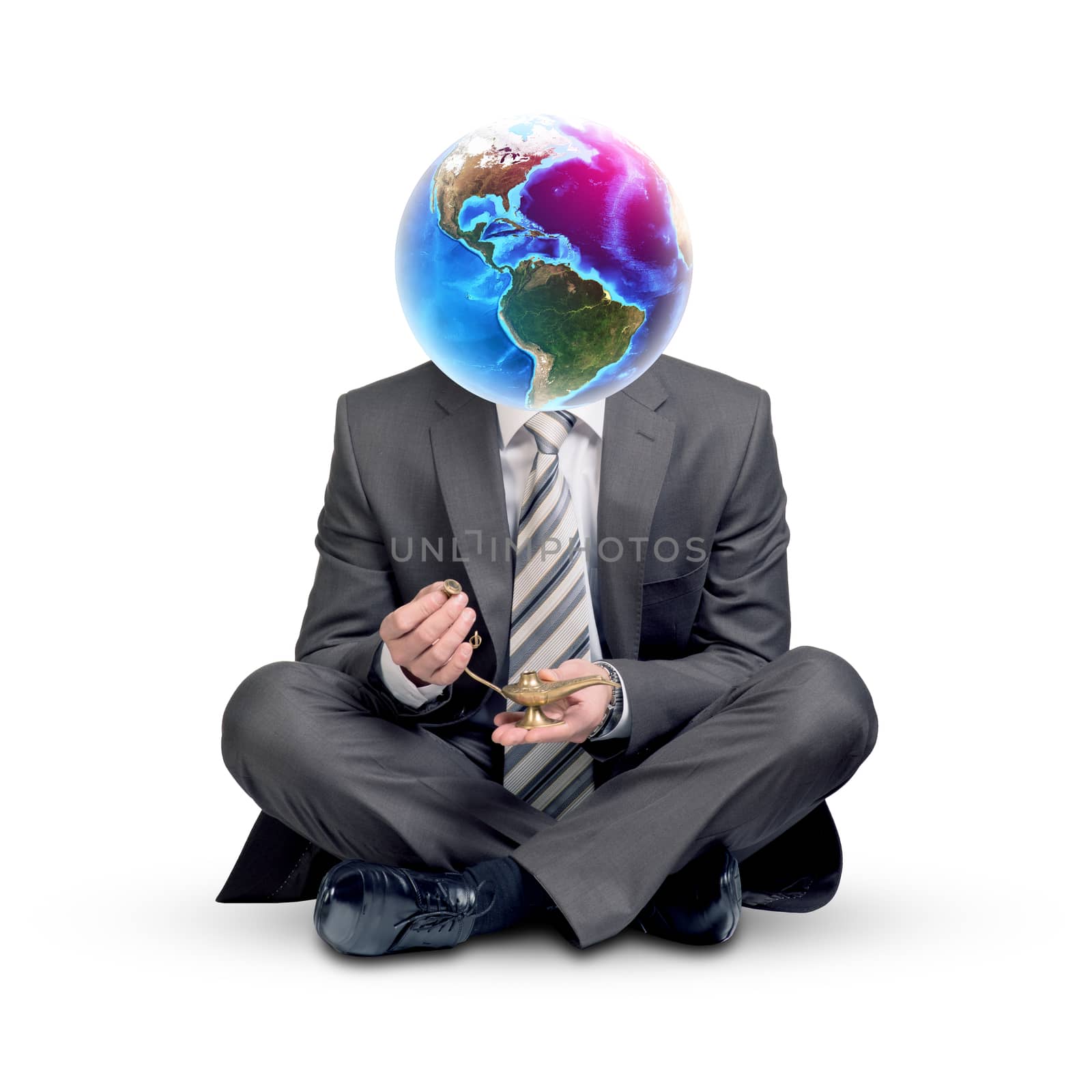Businessman with Earth instead head and gold lamp by cherezoff