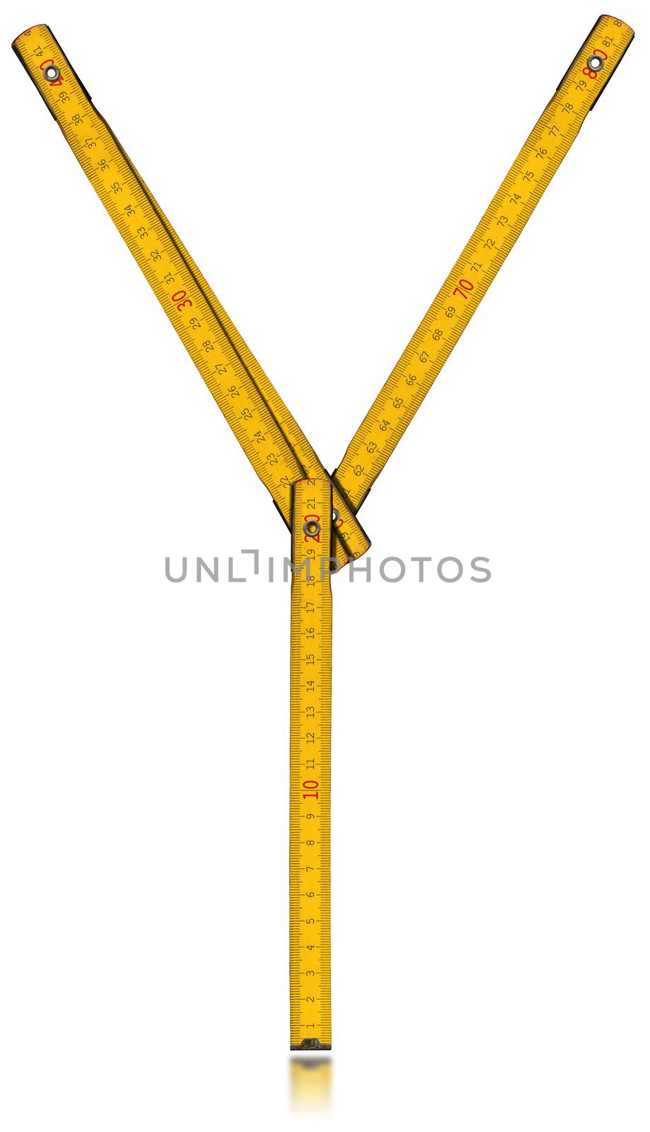 Old wooden yellow meter in the shape of letter Y. Isolated on white background