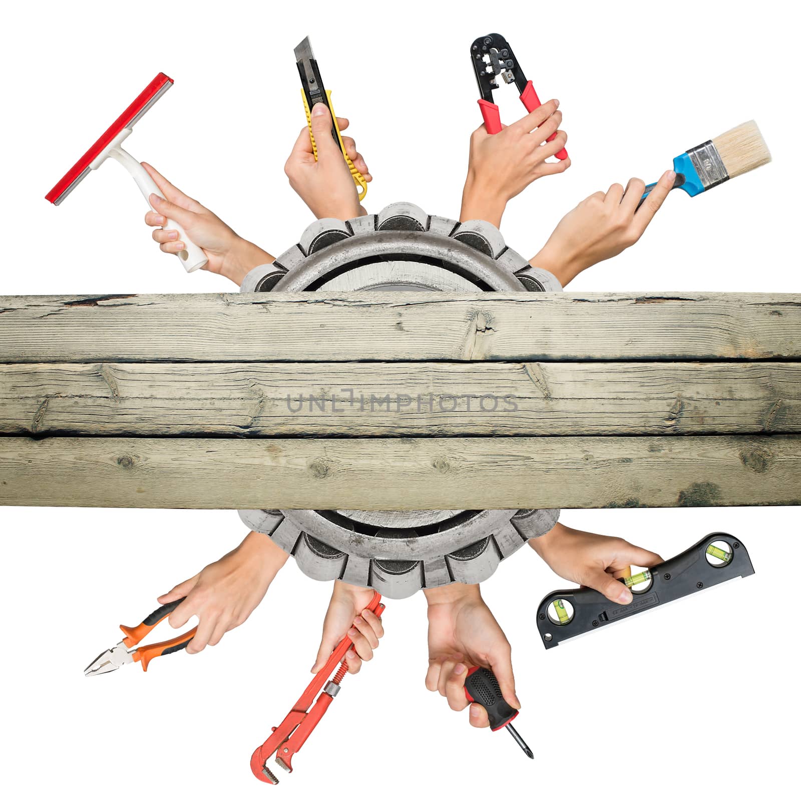 Peoples hands holding tools on isolated white background