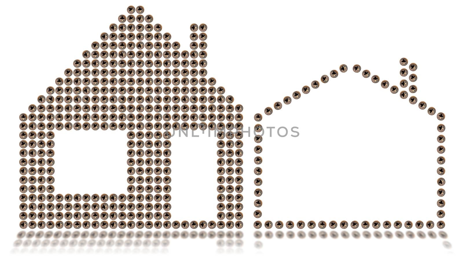 Many screws in the shape of house. isolated on white background.
