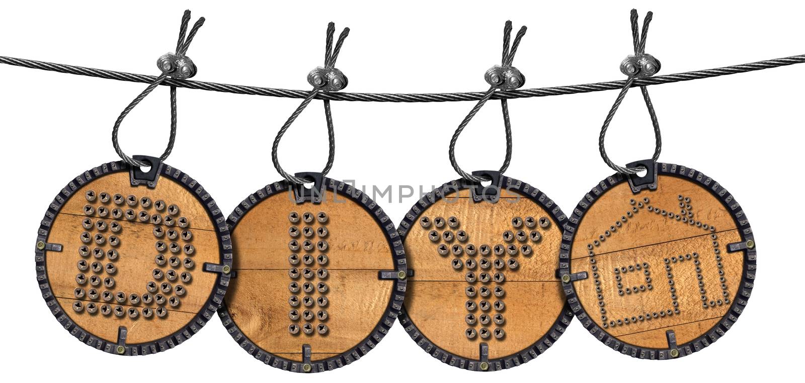 Metallic and wooden labels hanging on steel cable with text Diy and symbol of a house. Isolated on white background