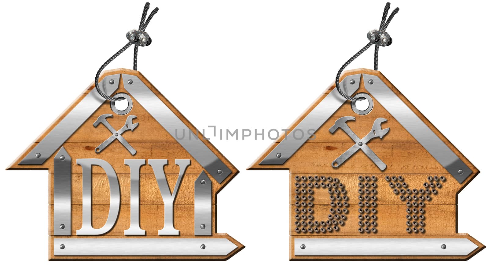 Two wooden and metallic labels in the shape of house with steel cable and text Diy (do it yourself). Isolated on white background