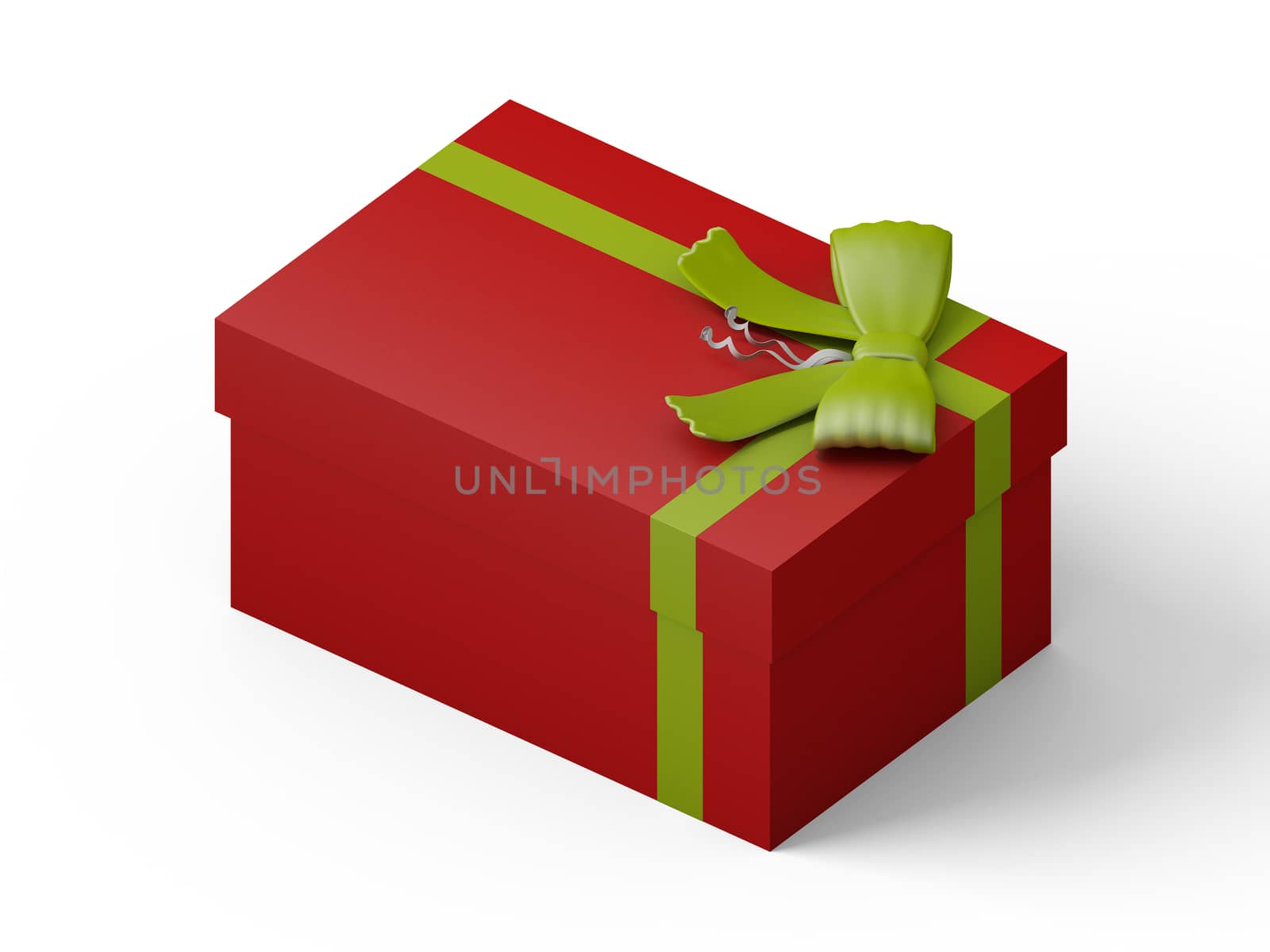 red gift box with green ribbon bow, isolated on white