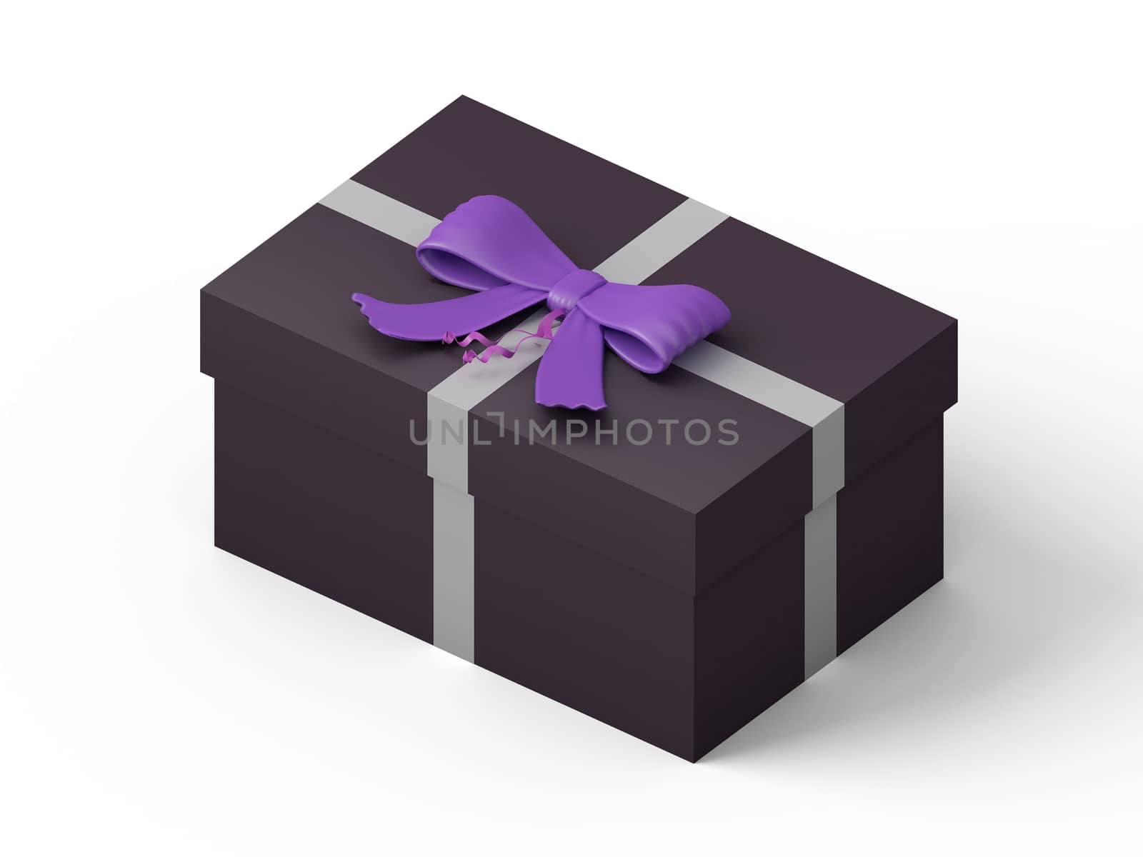 dark brown gift box with purple ribbon bow, isolated on white