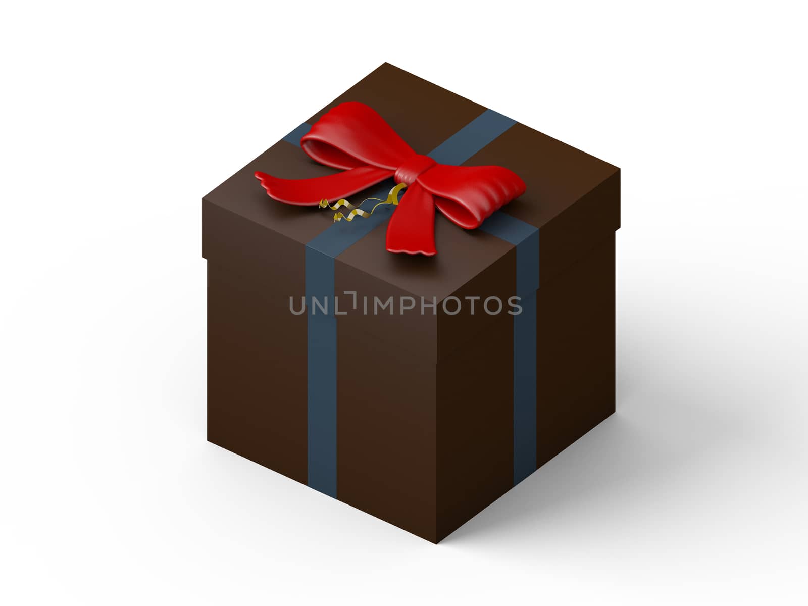 dark brown gift box with red ribbon bow, isolated on white