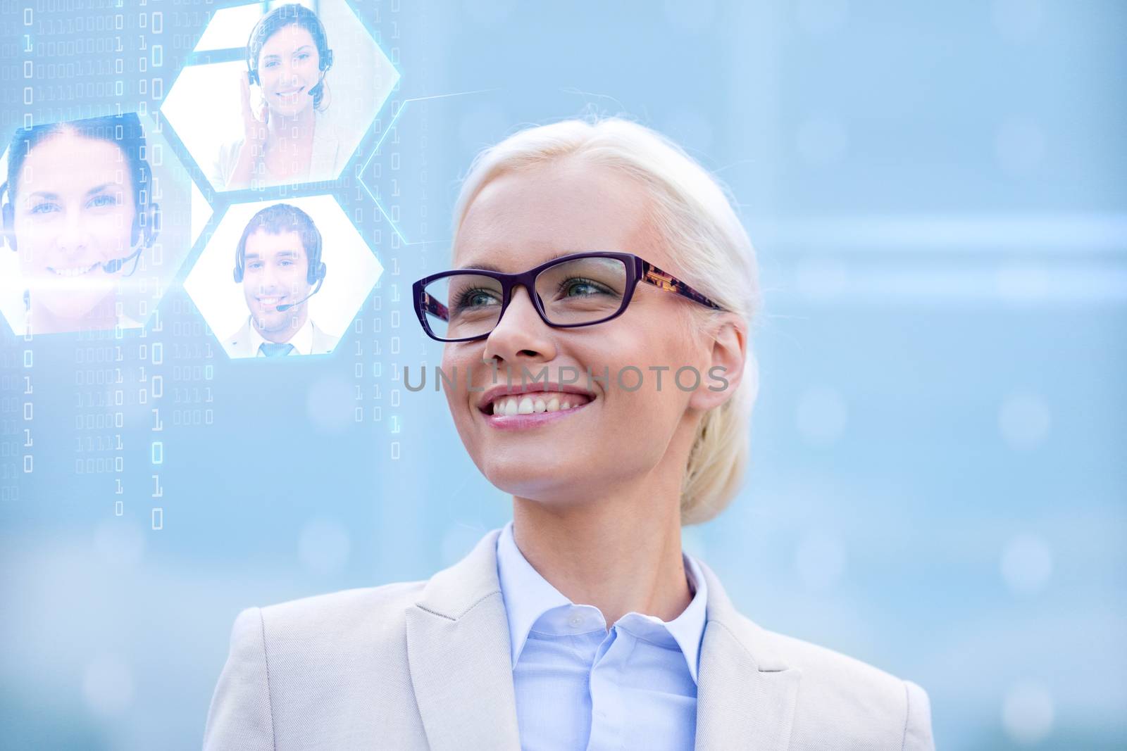 young smiling businesswoman in eyeglasses outdoors by dolgachov