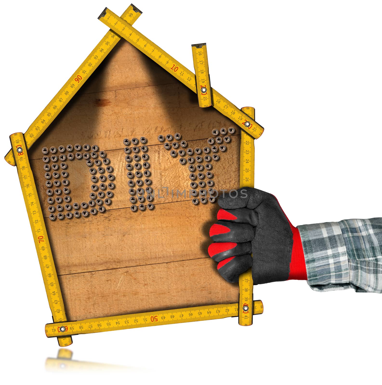 Hand with work glove holding a wooden meter ruler in the shape of house with text Diy (Do it yourself). Isolated on white