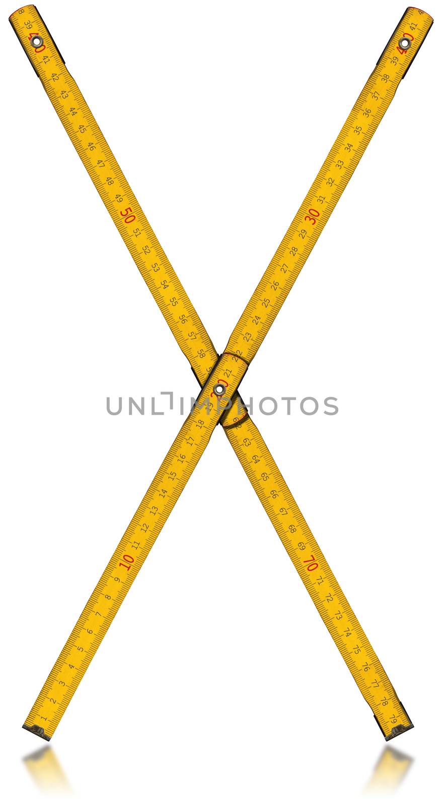Old wooden yellow meter in the shape of letter X. Isolated on white background