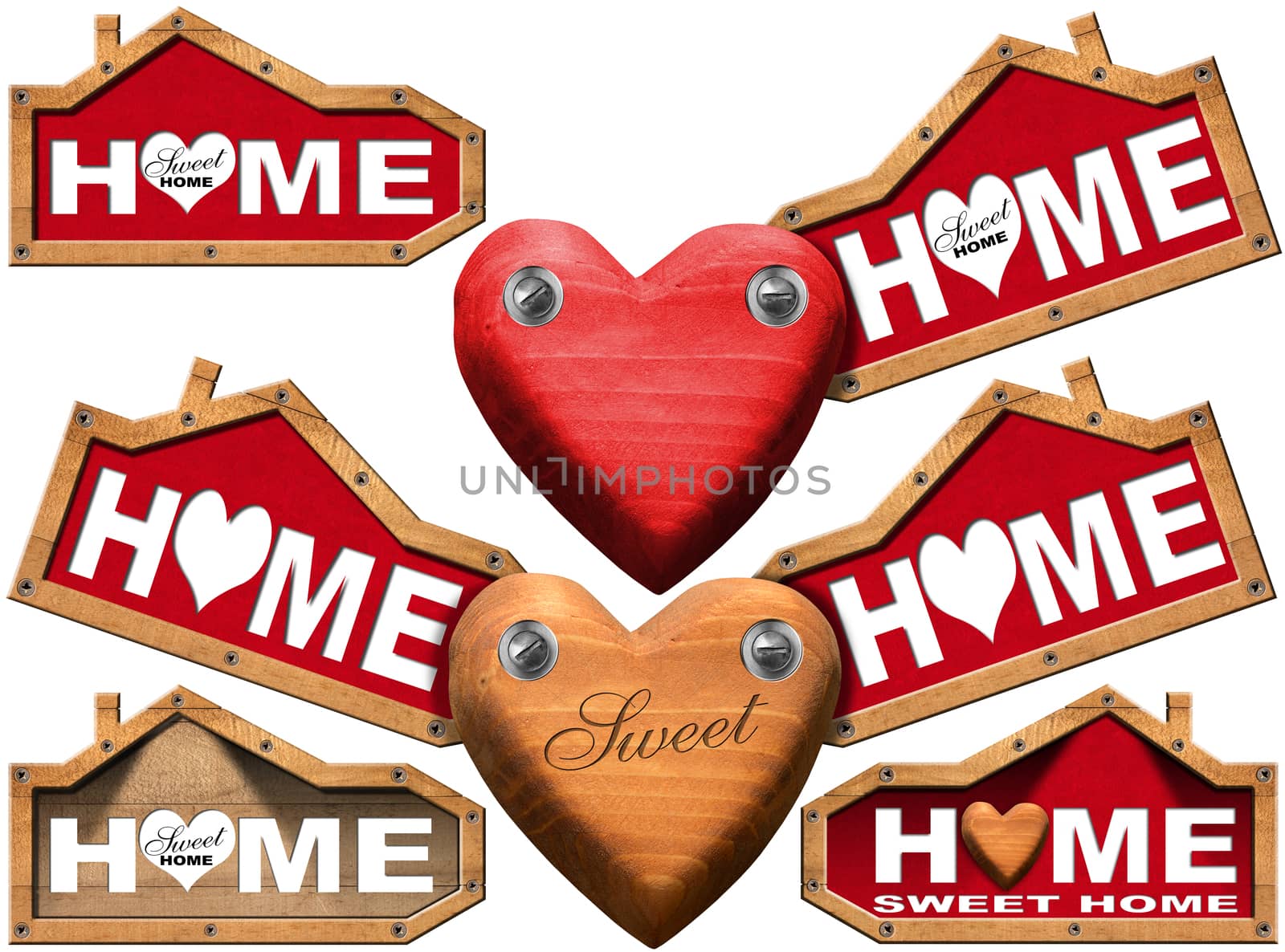 Collection of wooden and red labels with text Home sweet home and wooden heart. Isolated on white background