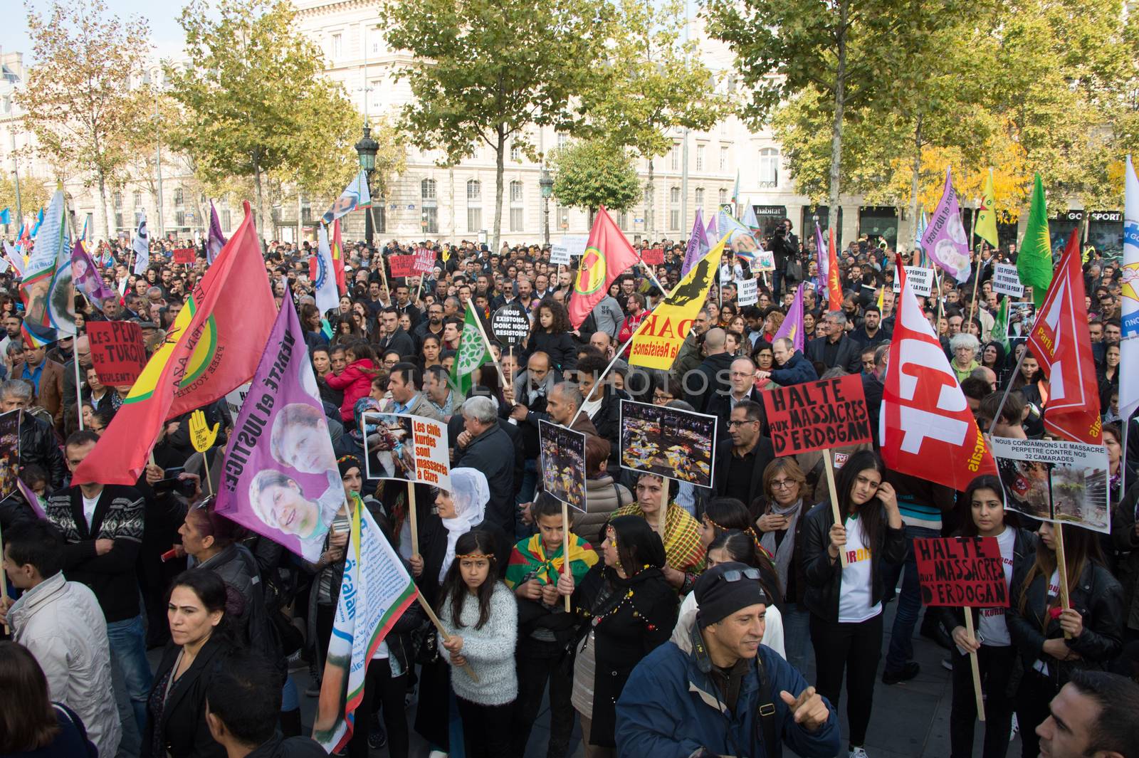 FRANCE, Paris : Hundreds of protesters gather in Place de la R�publique in Paris on October 11, 2015, for the second time after the terror attack in Ankara, in tribute to the victims of the twin explosion in Turkish capital city. On October 11, 2015, at least 95 people died after a twin explosion in the center of the capital city in Turkey. The Turkish government declared three days of mourning and said that it won't delay legislative elections expected for November 1st, 2015. 