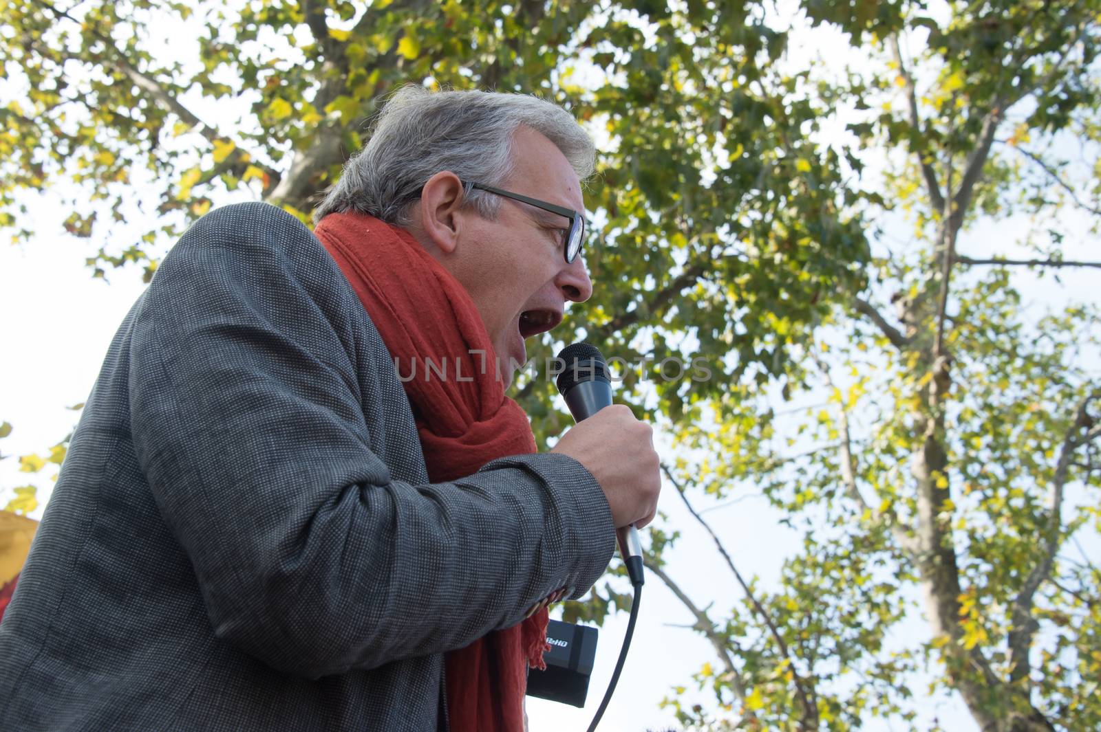 FRANCE, Paris : National head of Communist party Pierre Laurent makes a speech while protesters gather in Place de la R�publique in Paris on October 11, 2015, for the second time after the terror attack in Ankara, in tribute to the victims of the twin explosion in Turkish capital city. On October 11, 2015, at least 95 people died after a twin explosion in the center of the capital city in Turkey. The Turkish government declared three days of mourning and said that it won't delay legislative elections expected for November 1st, 2015. 